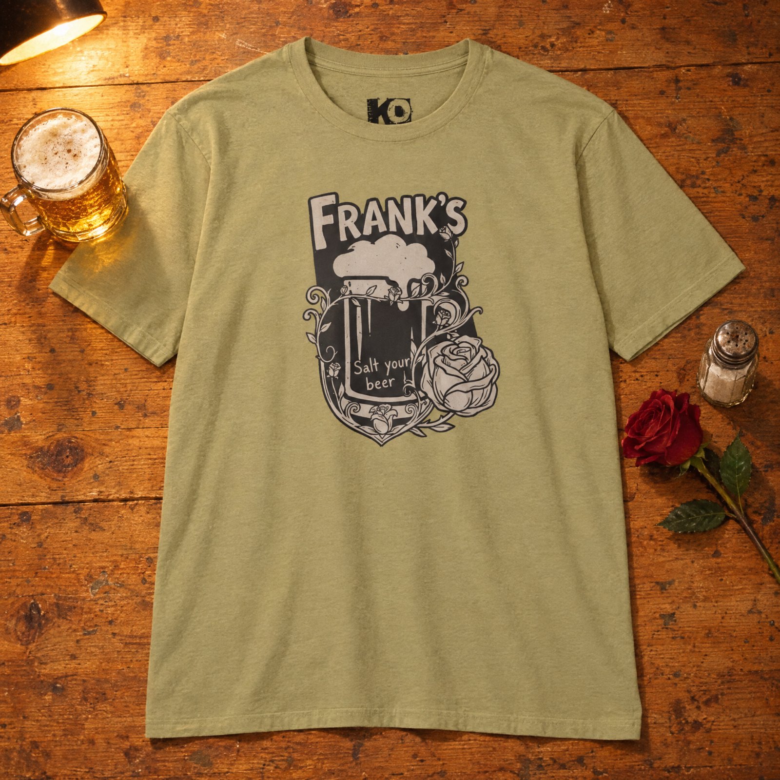 Frank's Beer Mug with Rose T-Shirt | Salt Your Beer — CVC Light Olive — Other view