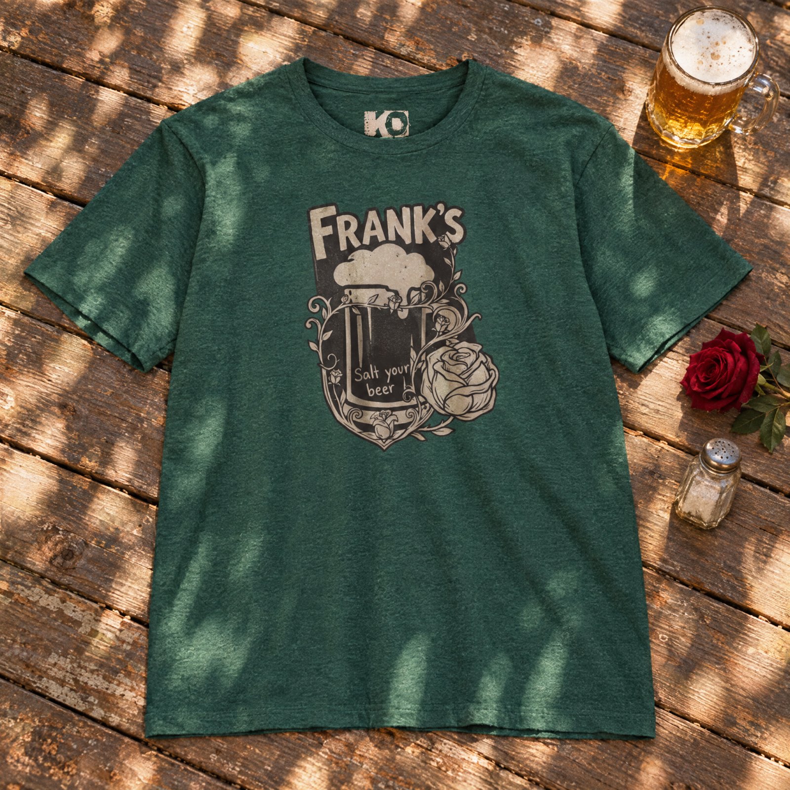 Frank's Beer Mug with Rose T-Shirt | Salt Your Beer — Heather Forest Green — Other view