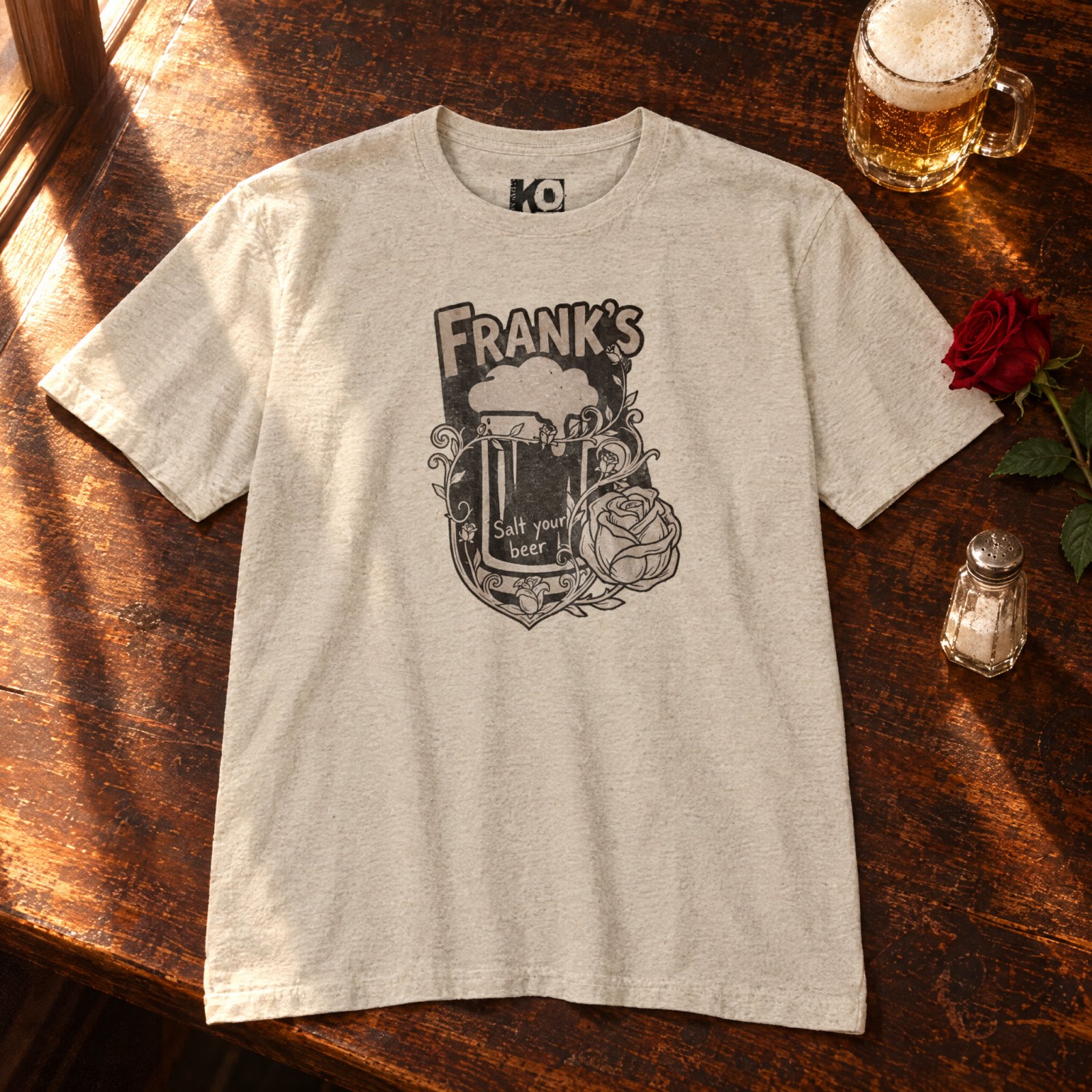 Frank's Beer Mug with Rose T-Shirt | Salt Your Beer — CVC Sand — Other view