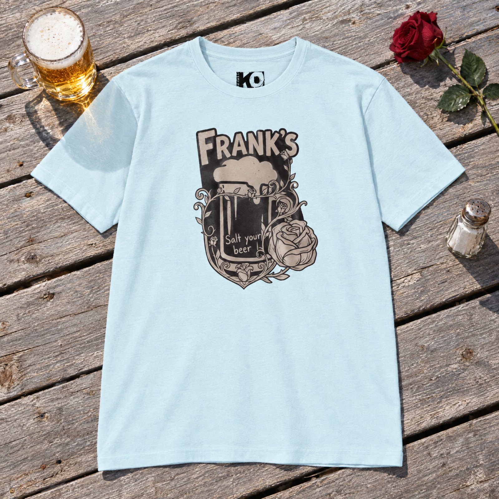 Frank's Beer Mug with Rose T-Shirt | Salt Your Beer — CVC Ice Blue — Other view