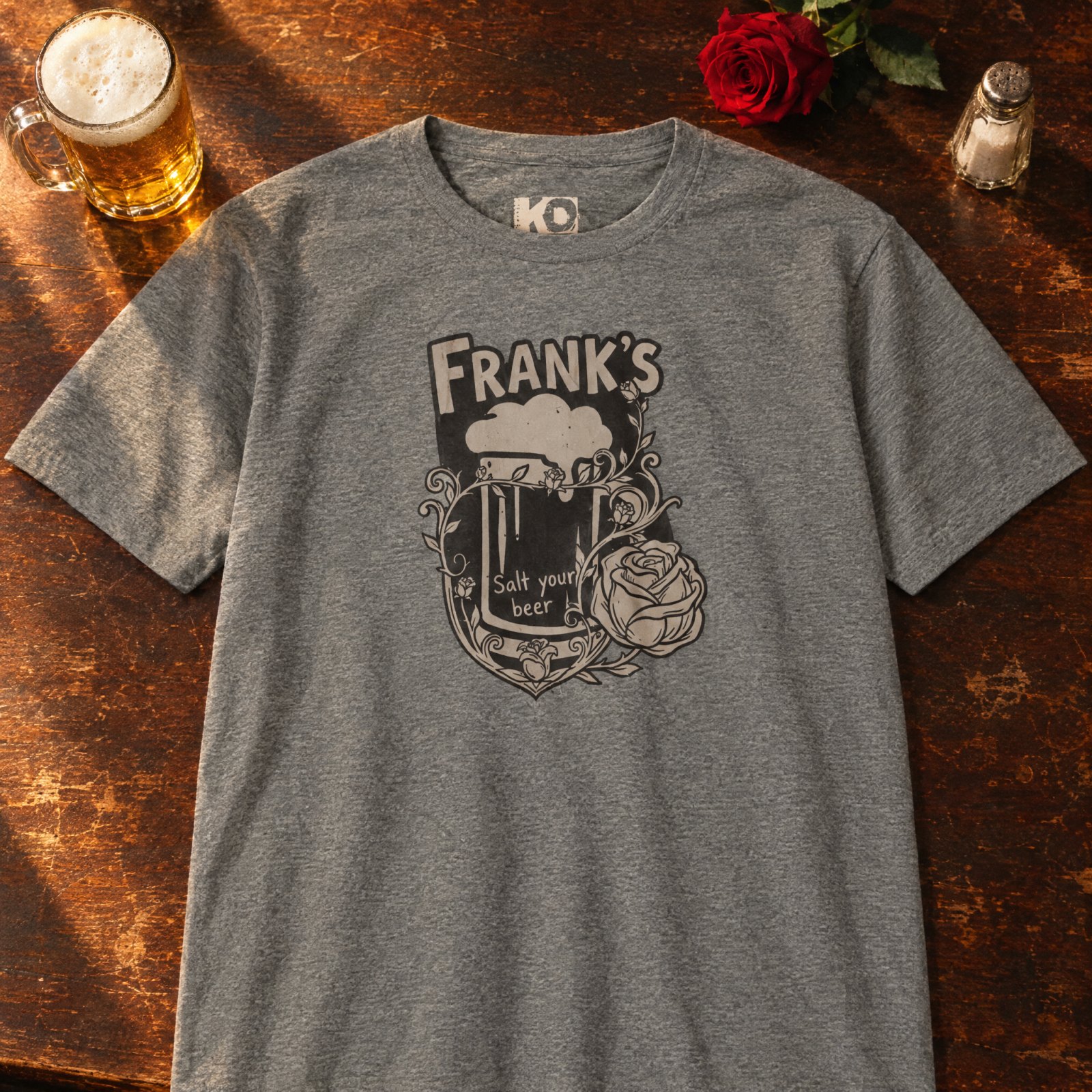 Frank's Beer Mug with Rose T-Shirt | Salt Your Beer — Dark Heather Grey — Other view