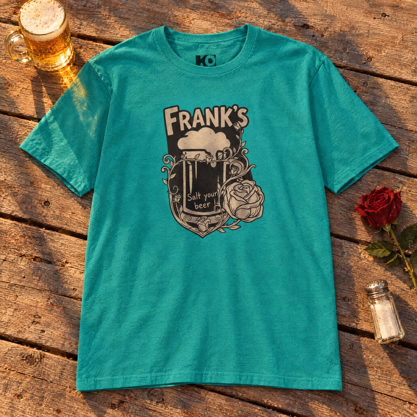 Frank's Beer Mug with Rose T-Shirt | Salt Your Beer — CVC Teal — Other view