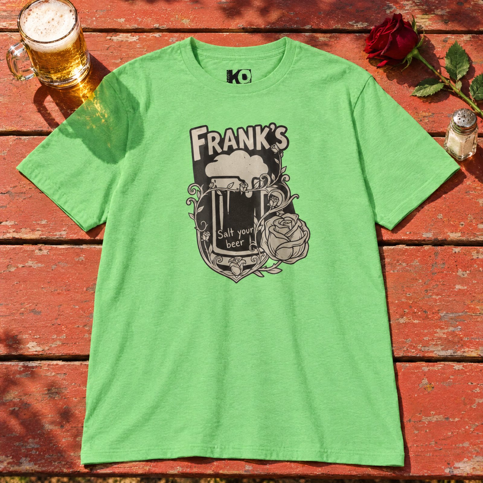 Frank's Beer Mug with Rose T-Shirt | Salt Your Beer — CVC Apple Green — Other view
