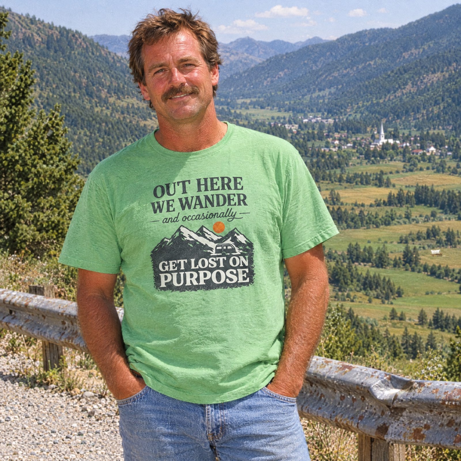 Out Here We Wander Get Lost On Purpose T-shirt | Mountain Adventure Tee — CVC Apple Green — Other view
