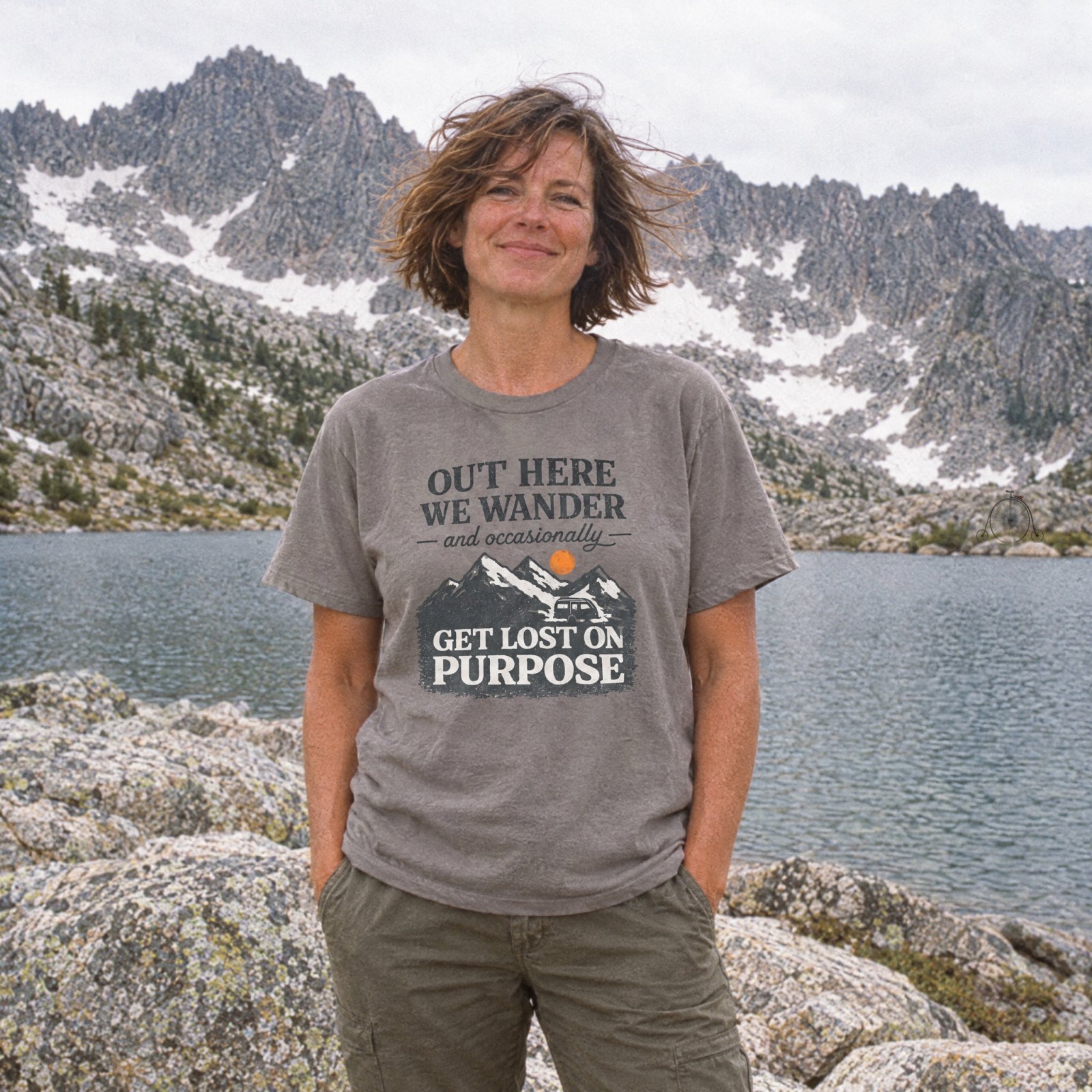 Out Here We Wander Get Lost On Purpose T-shirt | Mountain Adventure Tee — CVC Stone Gray — Other view
