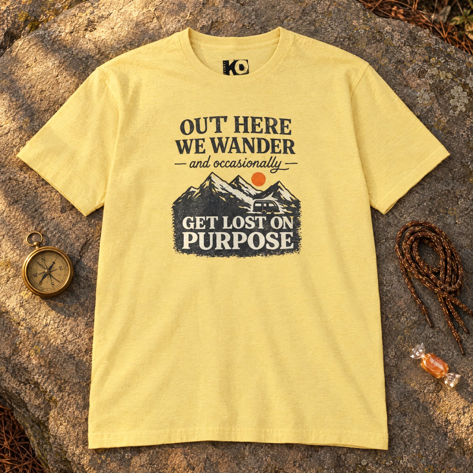 Out Here We Wander Get Lost On Purpose T-shirt | Mountain Adventure Tee — CVC Banana Cream — Other view