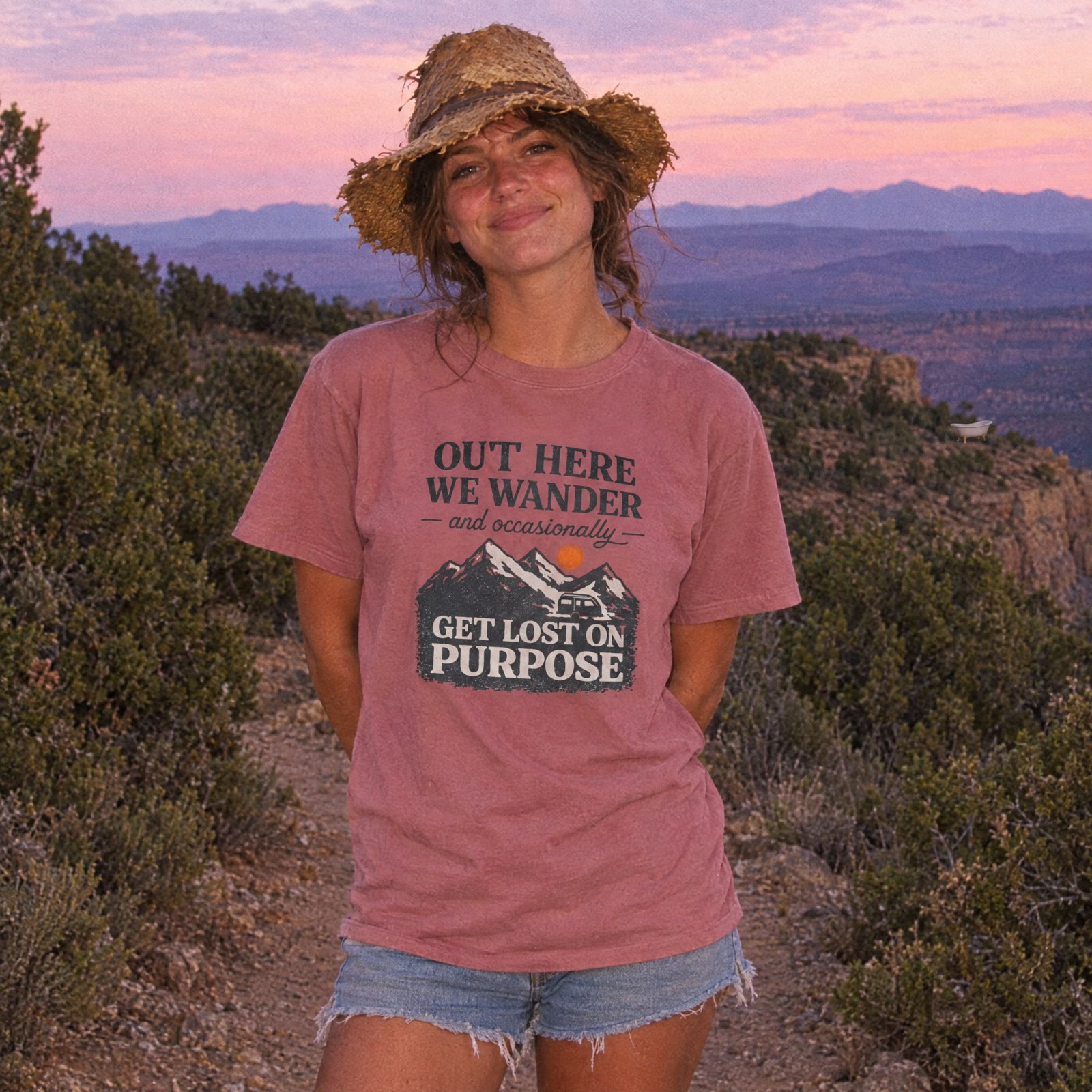 Out Here We Wander Get Lost On Purpose T-shirt | Mountain Adventure Tee — Heather Mauve — Other view