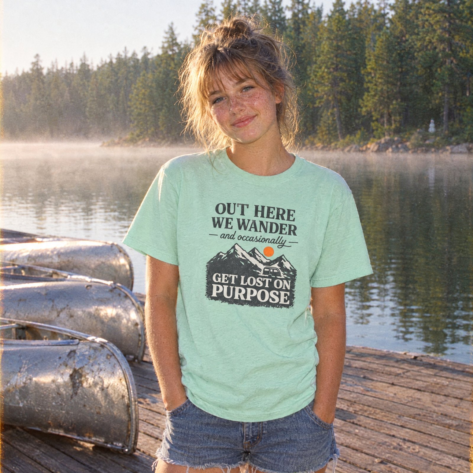 Out Here We Wander Get Lost On Purpose T-shirt | Mountain Adventure Tee — CVC Mint — Other view