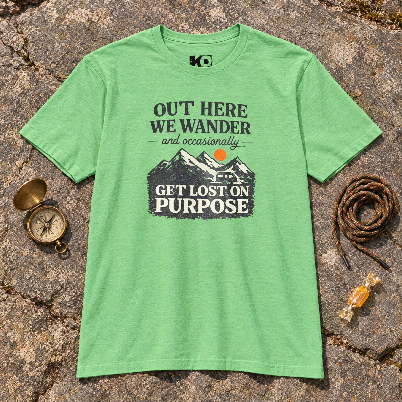 Out Here We Wander Get Lost On Purpose T-shirt | Mountain Adventure Tee — CVC Apple Green — Other view