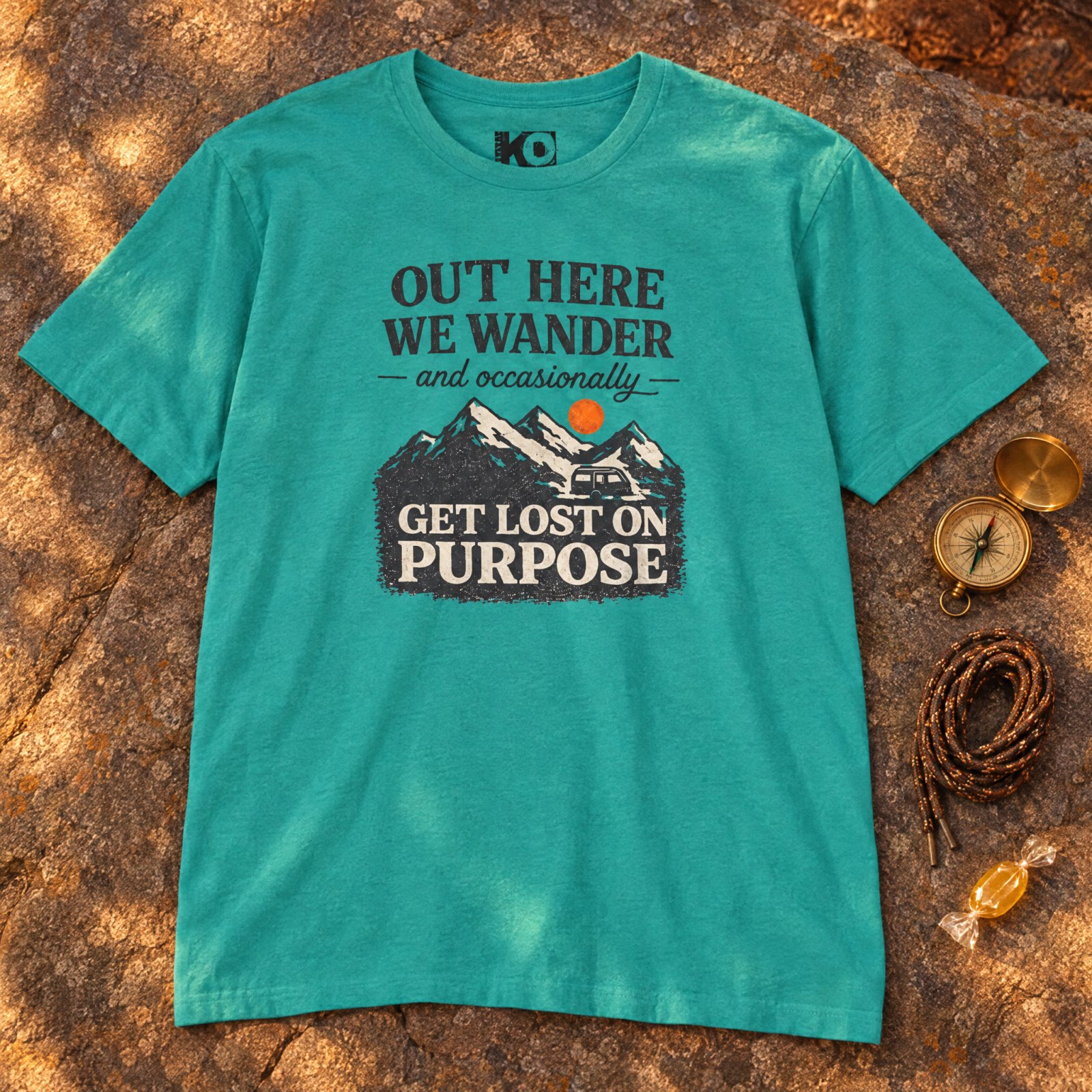 Out Here We Wander Get Lost On Purpose T-shirt | Mountain Adventure Tee — CVC Teal — Other view