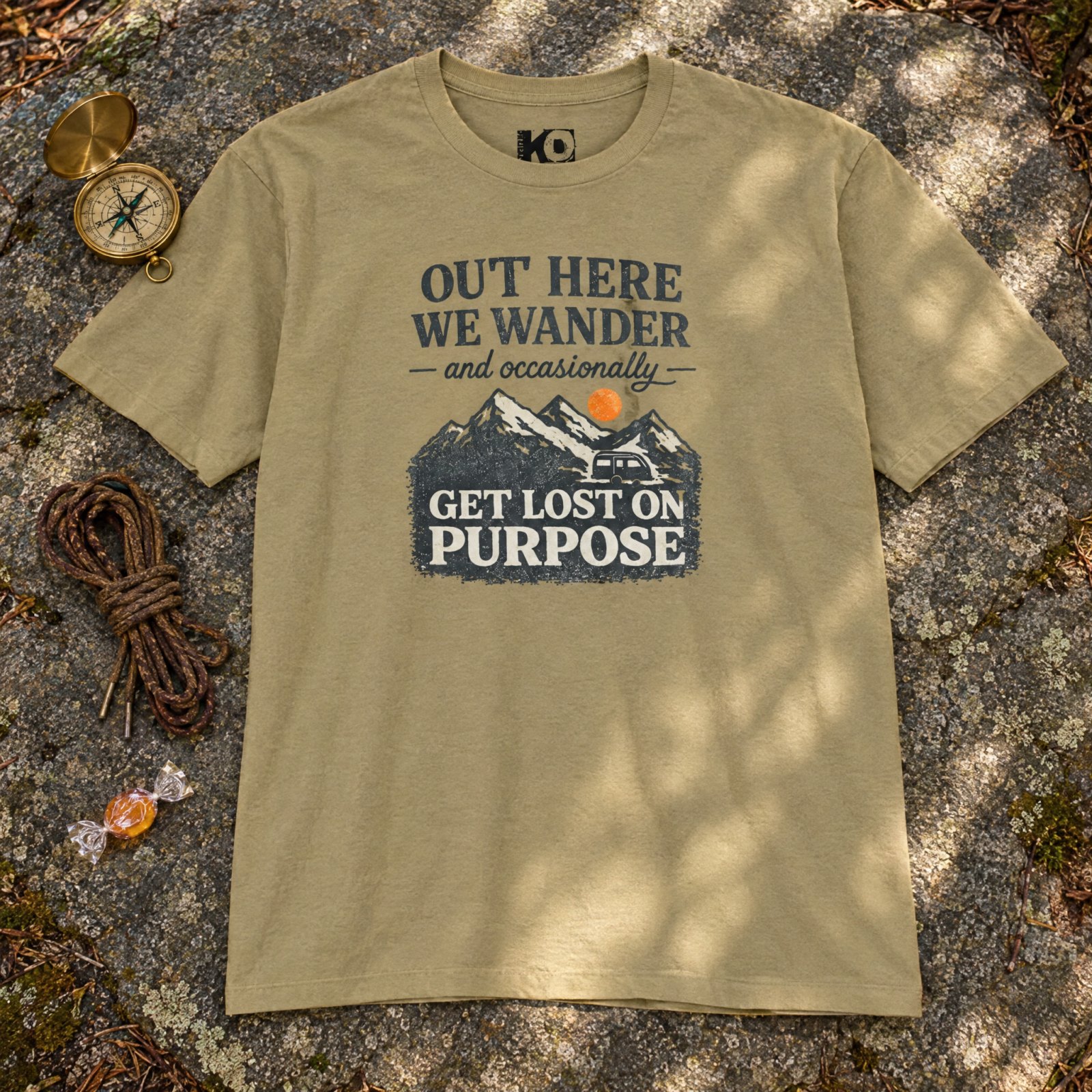 Out Here We Wander Get Lost On Purpose T-shirt | Mountain Adventure Tee — CVC Light Olive — Other view