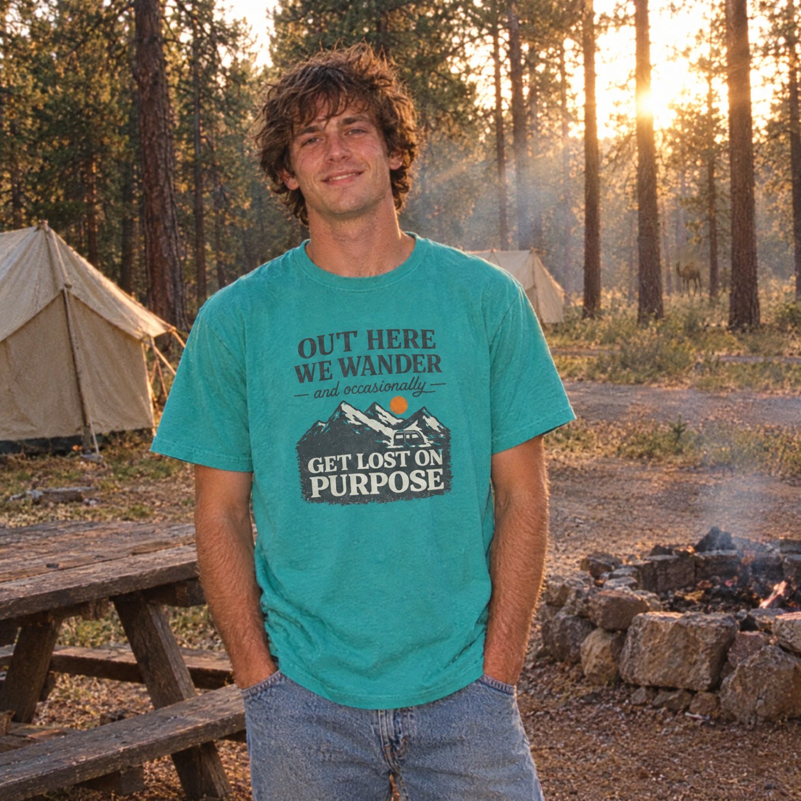 Out Here We Wander Get Lost On Purpose T-shirt | Mountain Adventure Tee — CVC Teal — Other view