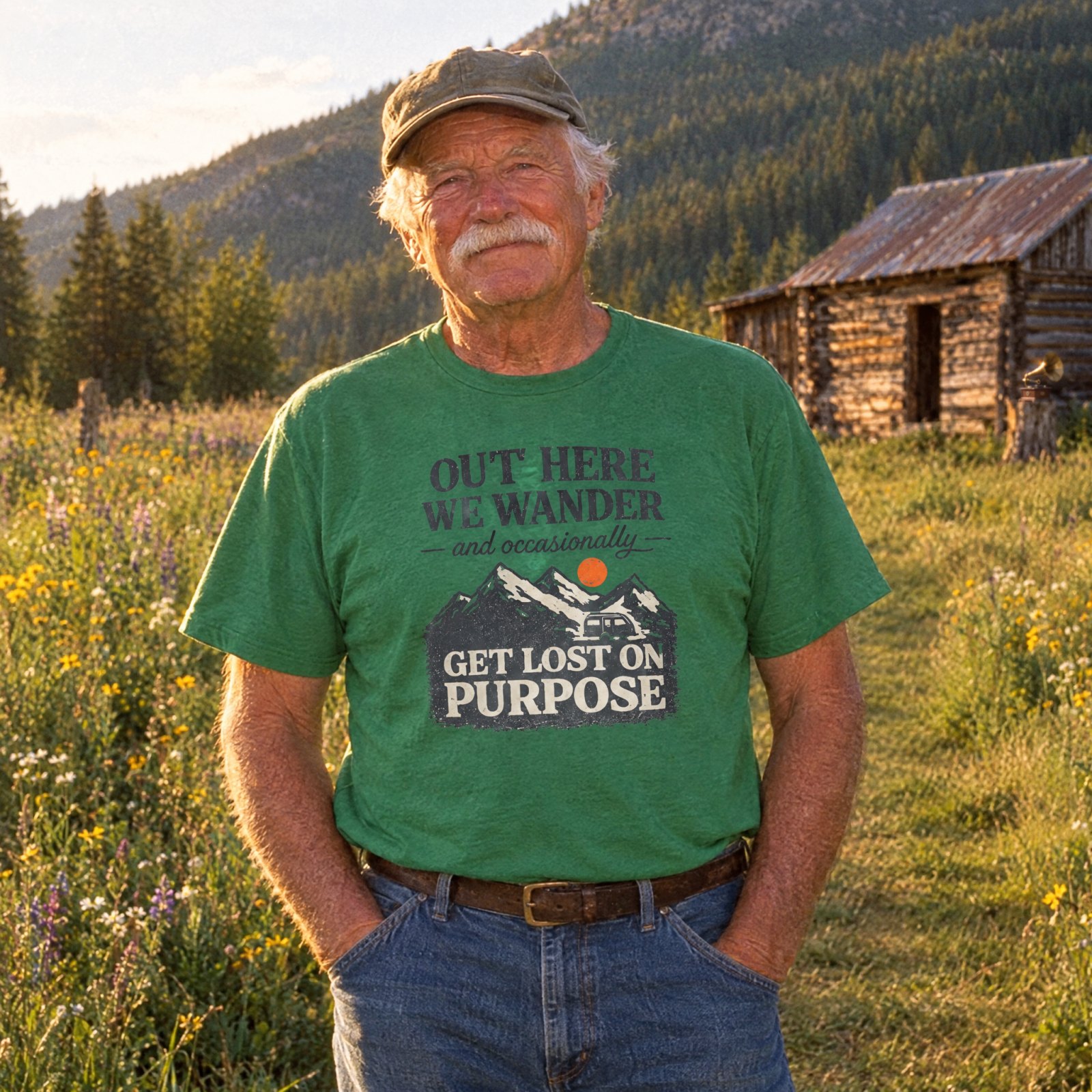 Out Here We Wander Get Lost On Purpose T-shirt | Mountain Adventure Tee — CVC Kelly Green — Other view