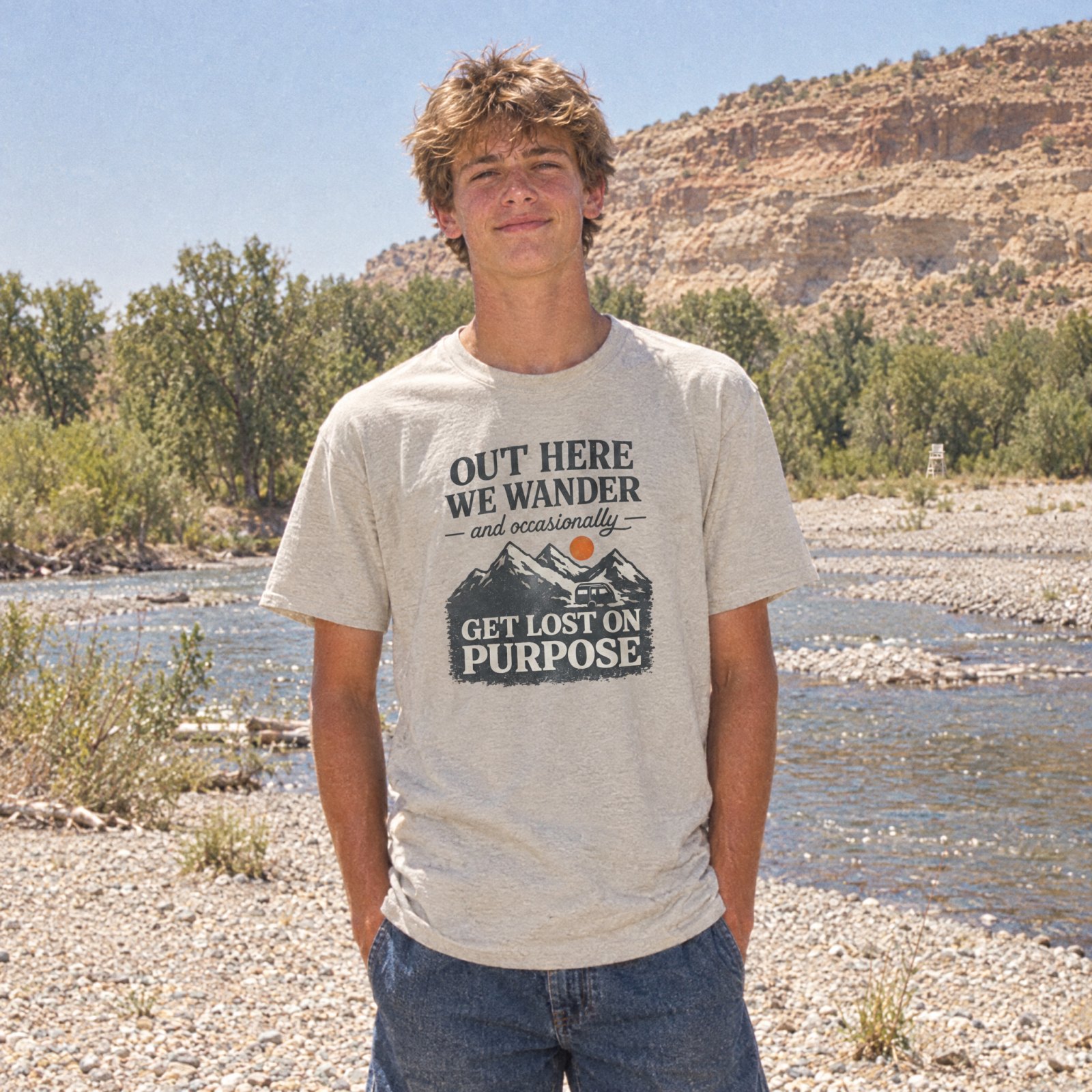 Out Here We Wander Get Lost On Purpose T-shirt | Mountain Adventure Tee — CVC Sand — Other view