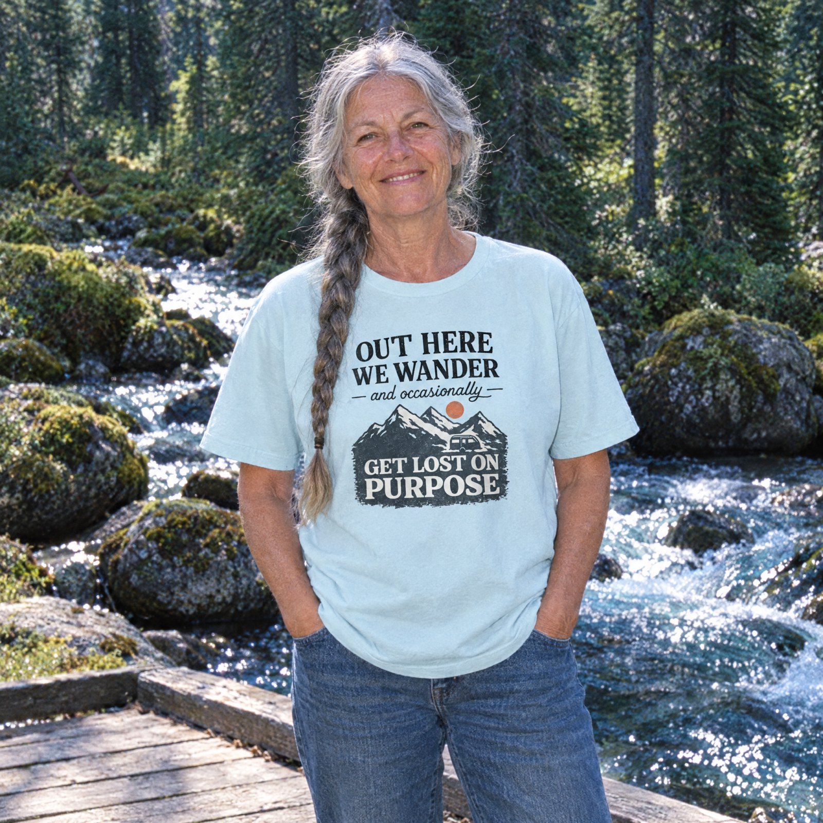 Out Here We Wander Get Lost On Purpose T-shirt | Mountain Adventure Tee — CVC Ice Blue — Other view