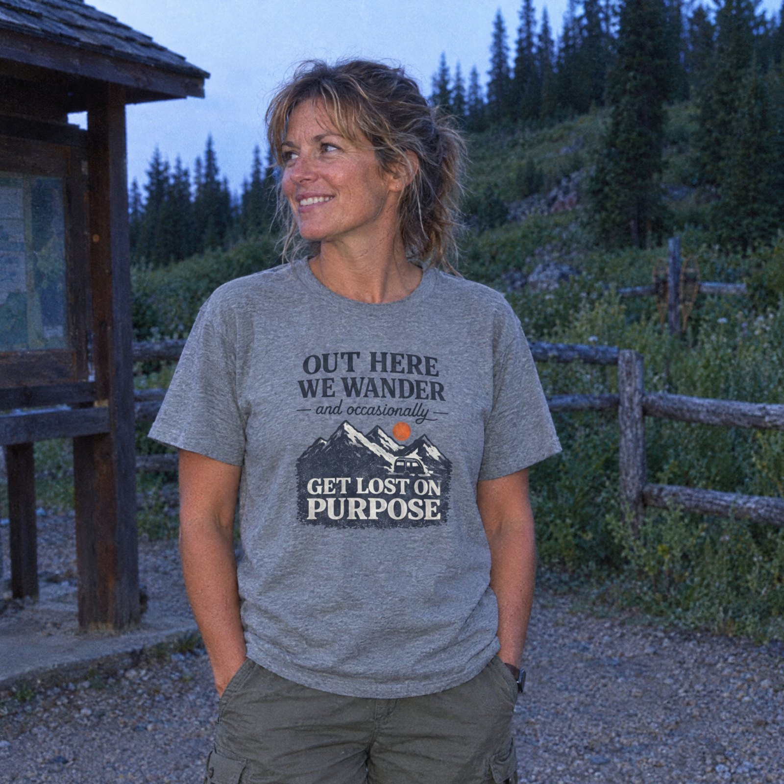 Out Here We Wander Get Lost On Purpose T-shirt | Mountain Adventure Tee — Dark Heather Grey — Other view