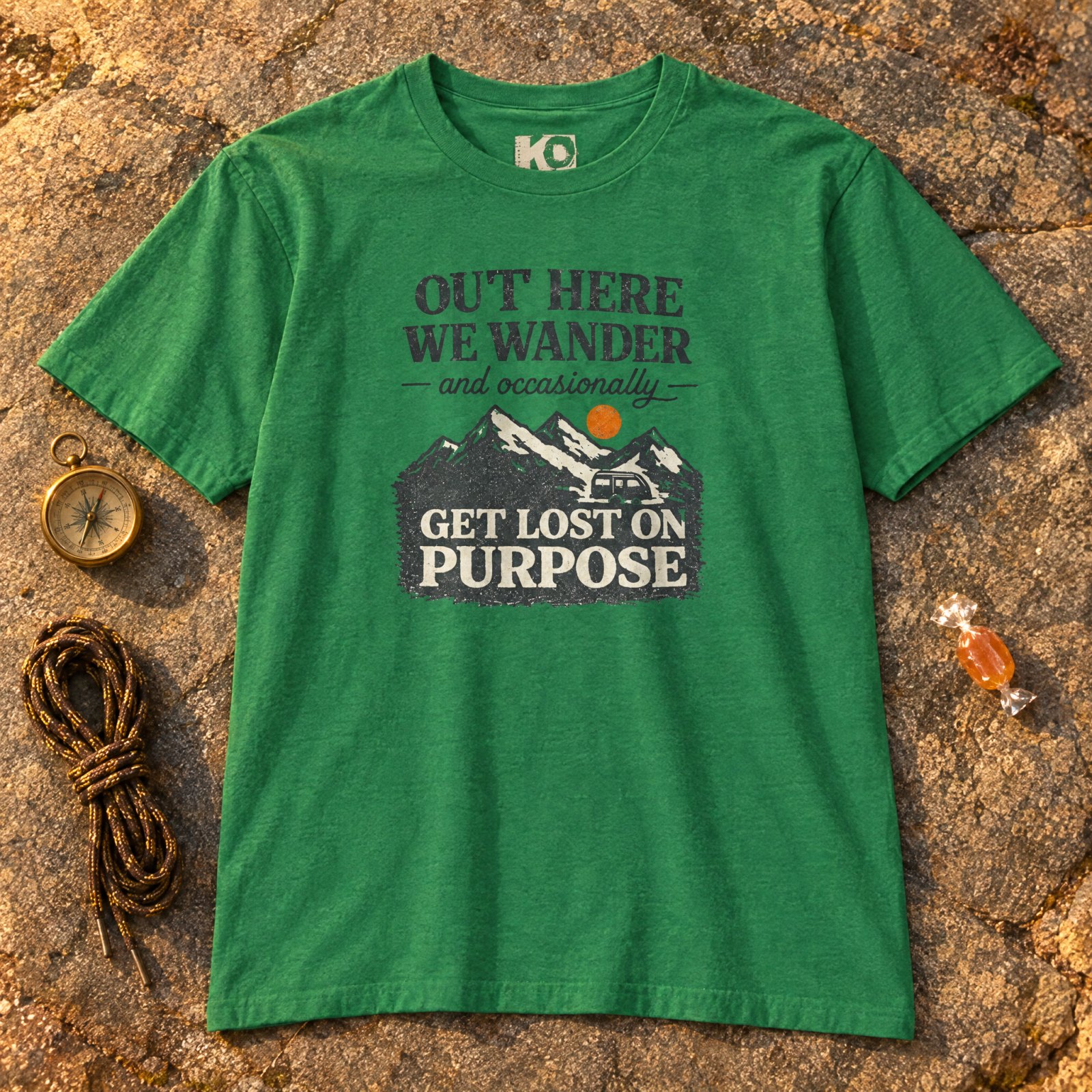Out Here We Wander Get Lost On Purpose T-shirt | Mountain Adventure Tee — CVC Kelly Green — Other view