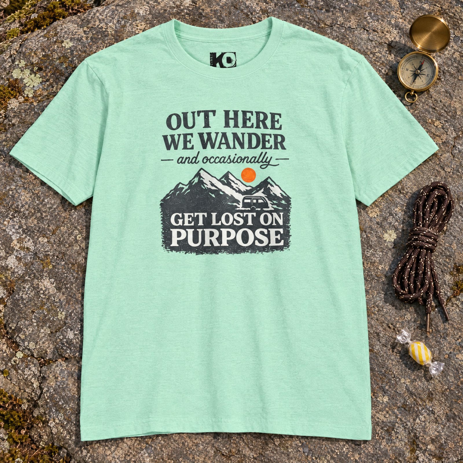 Out Here We Wander Get Lost On Purpose T-shirt | Mountain Adventure Tee — CVC Mint — Other view