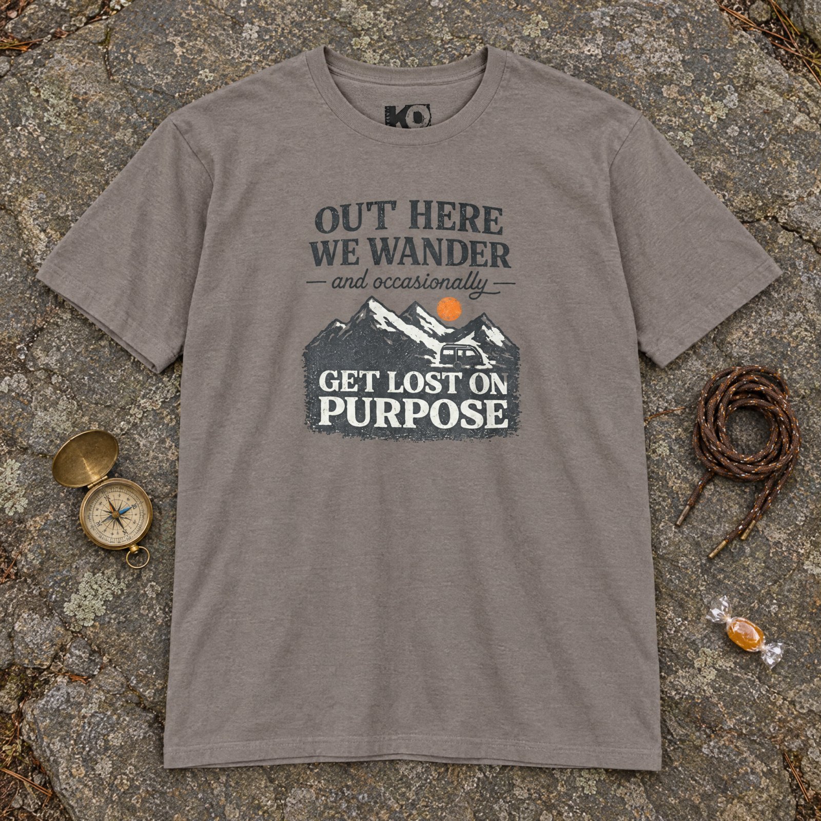 Out Here We Wander Get Lost On Purpose T-shirt | Mountain Adventure Tee — CVC Stone Gray — Other view