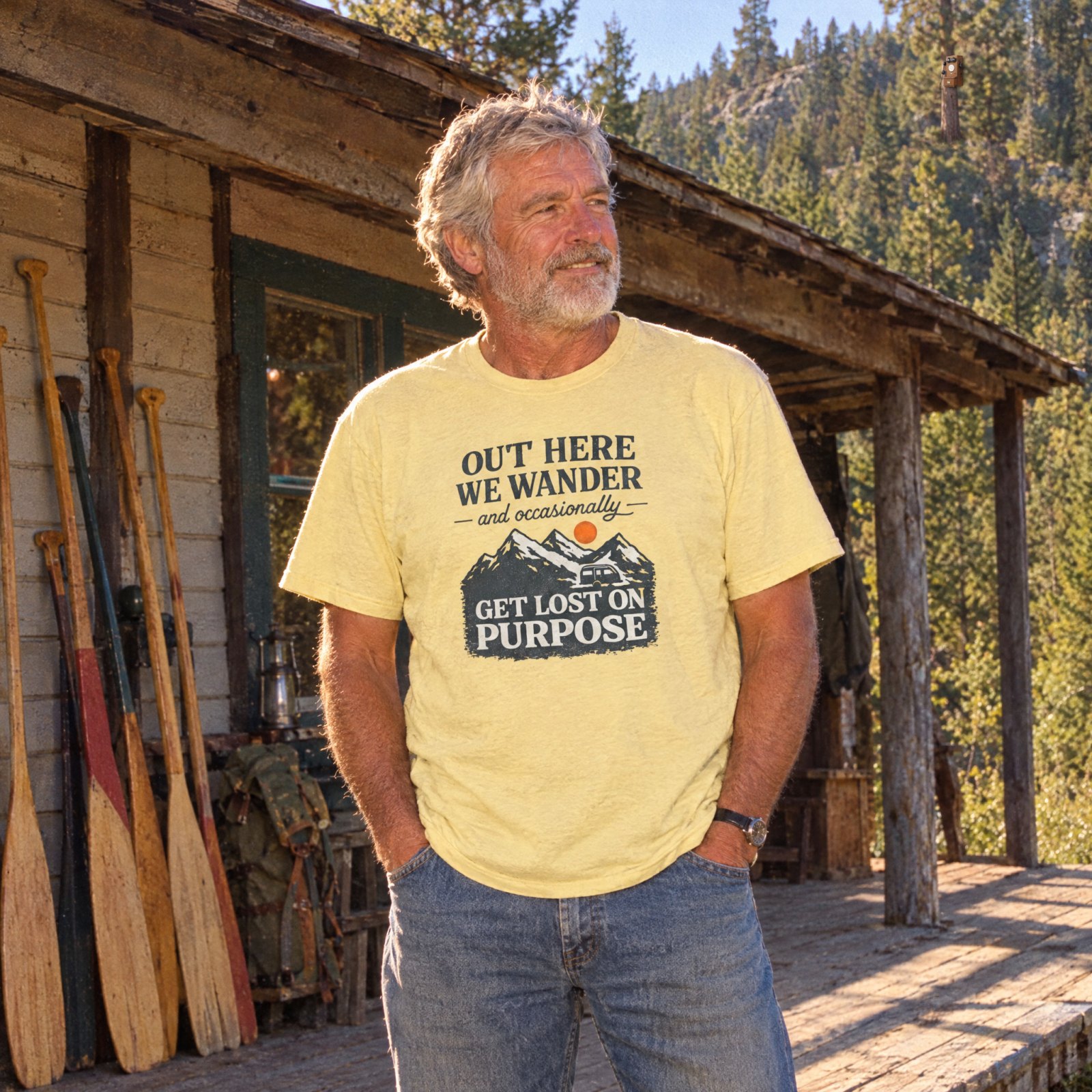 Out Here We Wander Get Lost On Purpose T-shirt | Mountain Adventure Tee — CVC Banana Cream — Other view