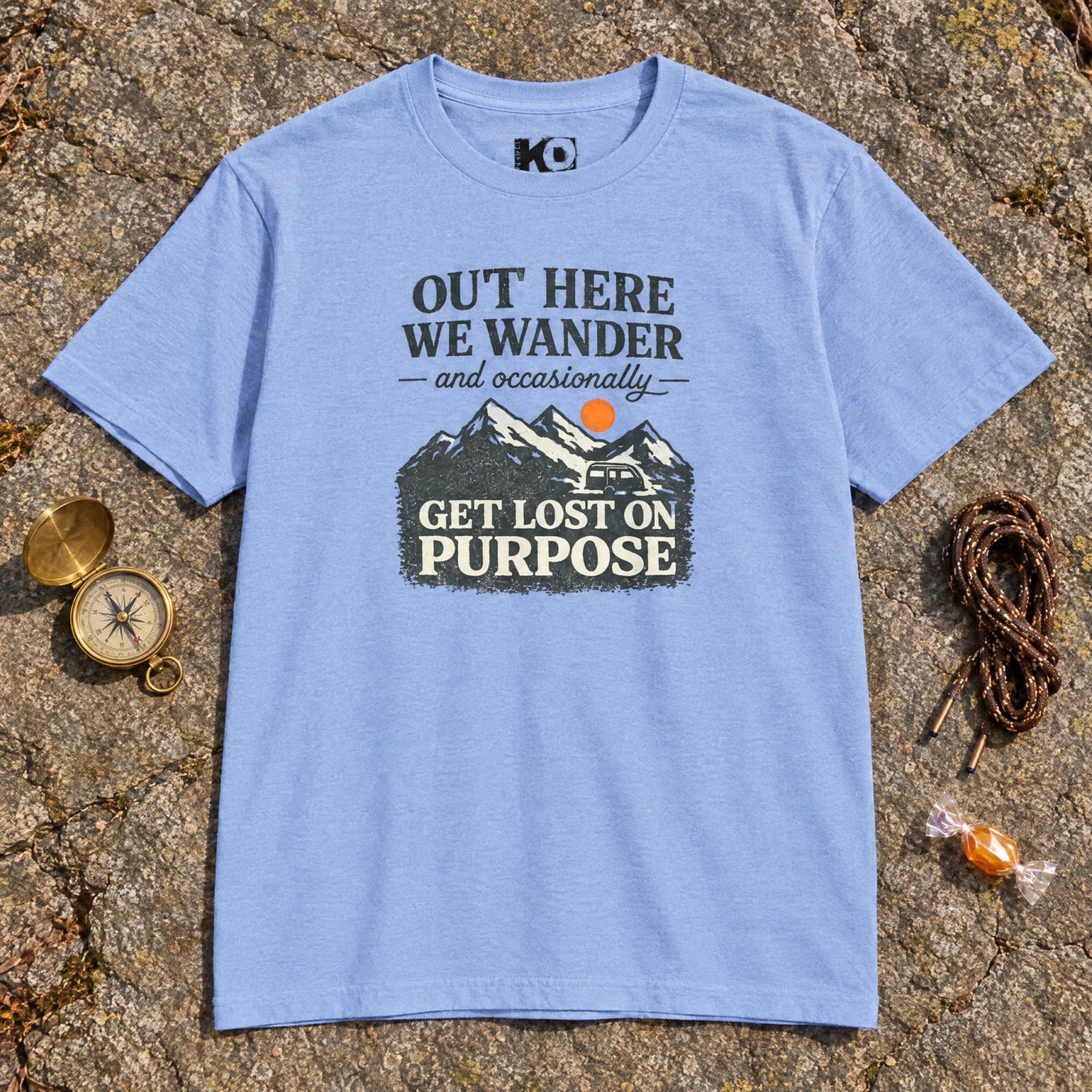 Out Here We Wander Get Lost On Purpose T-shirt | Mountain Adventure Tee — Heather Columbia Blue — Other view
