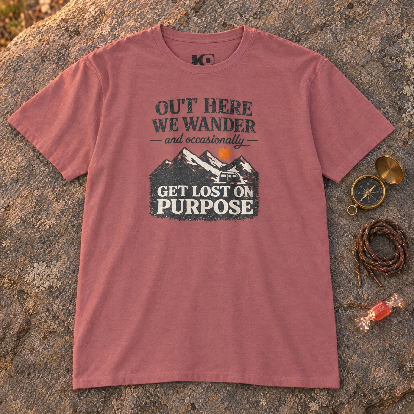 Out Here We Wander Get Lost On Purpose T-shirt | Mountain Adventure Tee — Heather Mauve — Other view