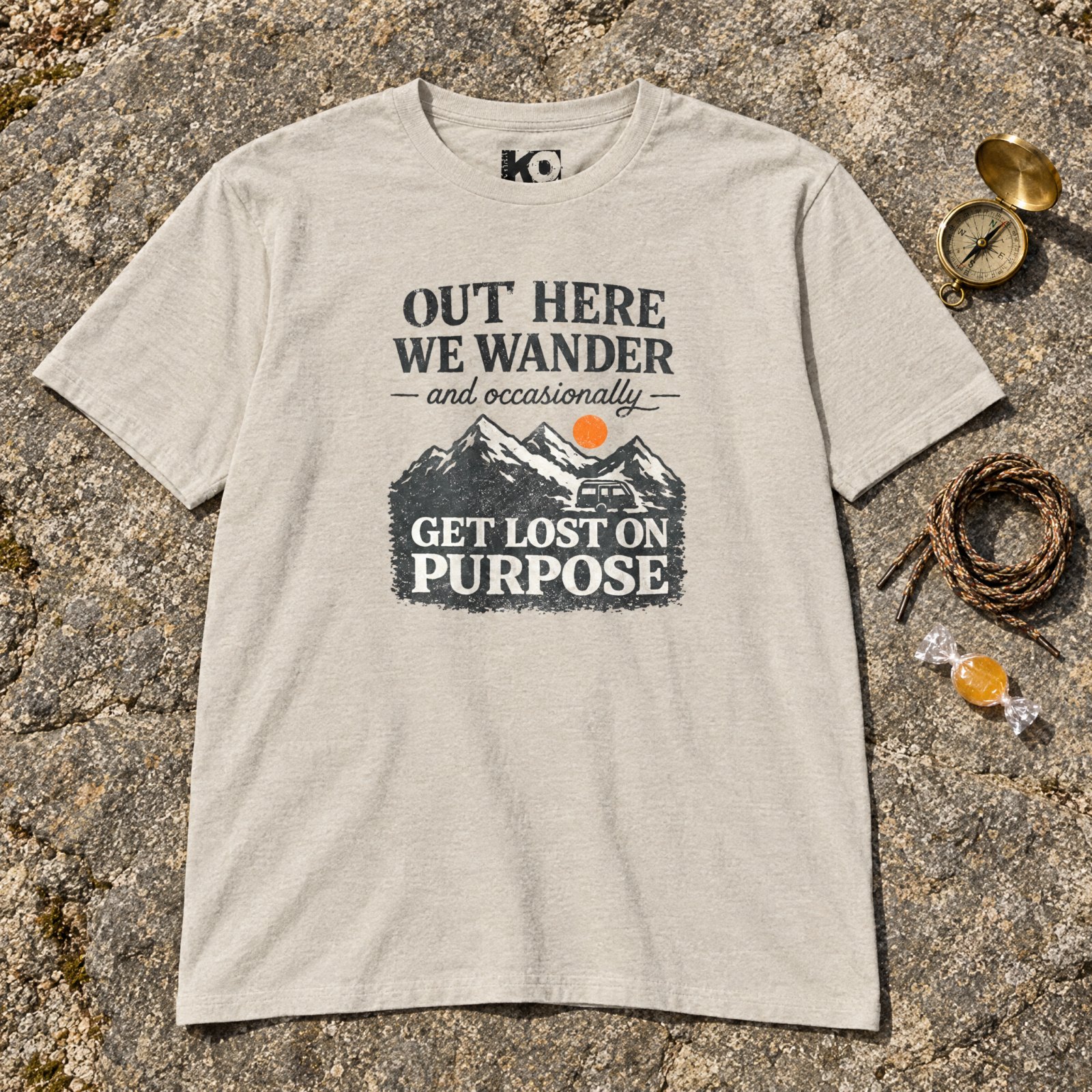 Out Here We Wander Get Lost On Purpose T-shirt | Mountain Adventure Tee — CVC Sand — Other view
