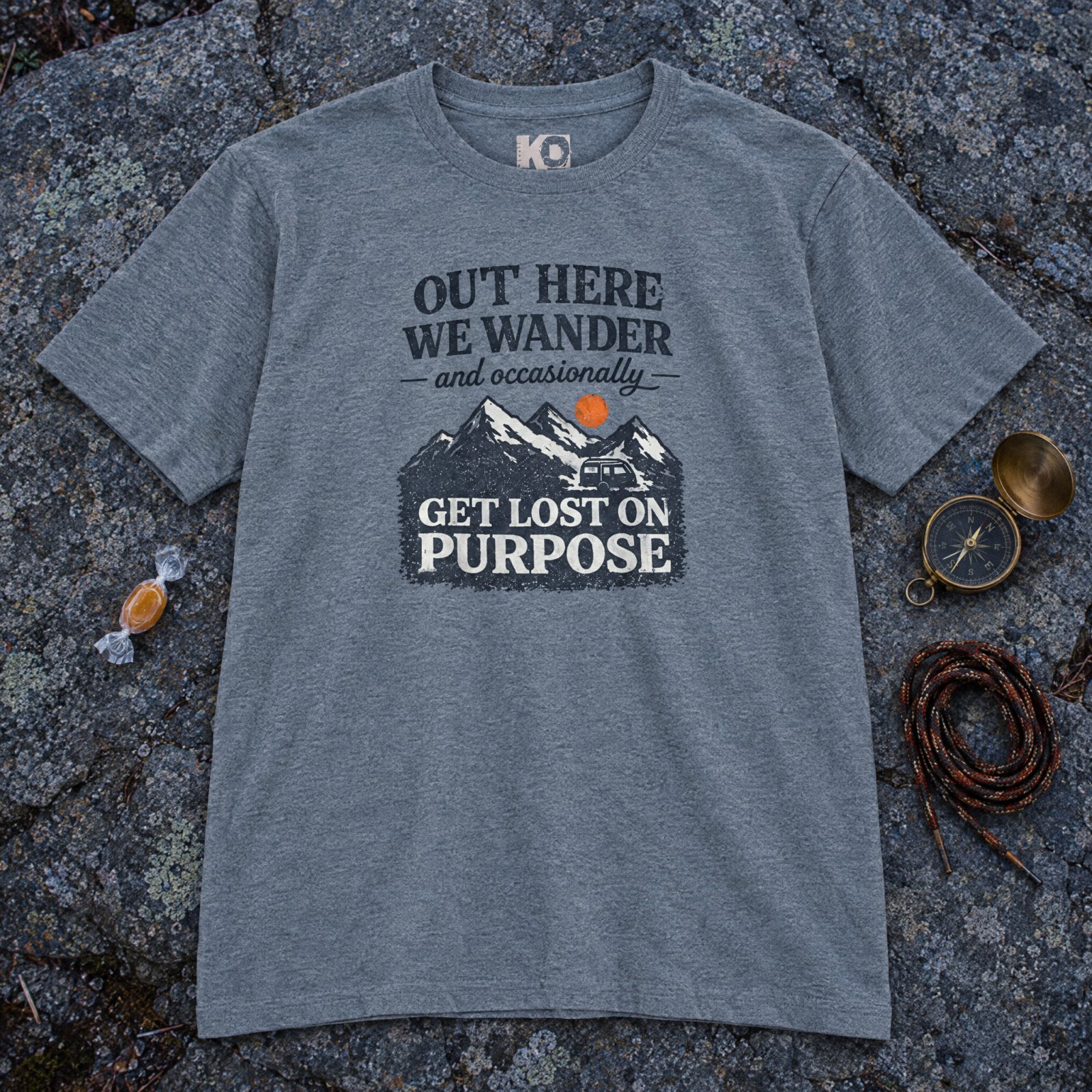 Out Here We Wander Get Lost On Purpose T-shirt | Mountain Adventure Tee — Dark Heather Grey — Other view