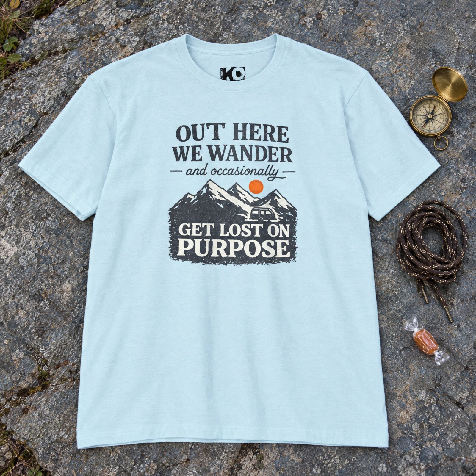 Out Here We Wander Get Lost On Purpose T-shirt | Mountain Adventure Tee — CVC Ice Blue — Other view