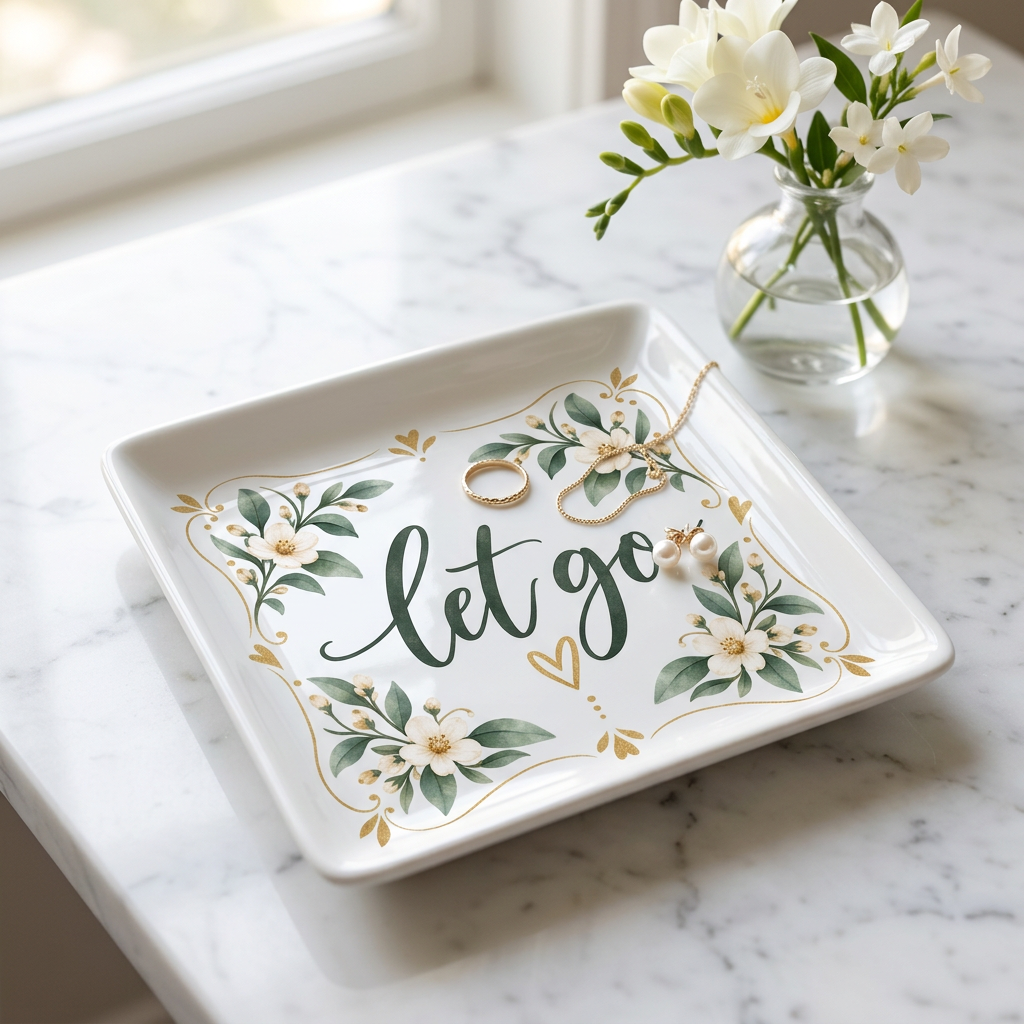 Let Go floral script Ceramic Trinket Tray