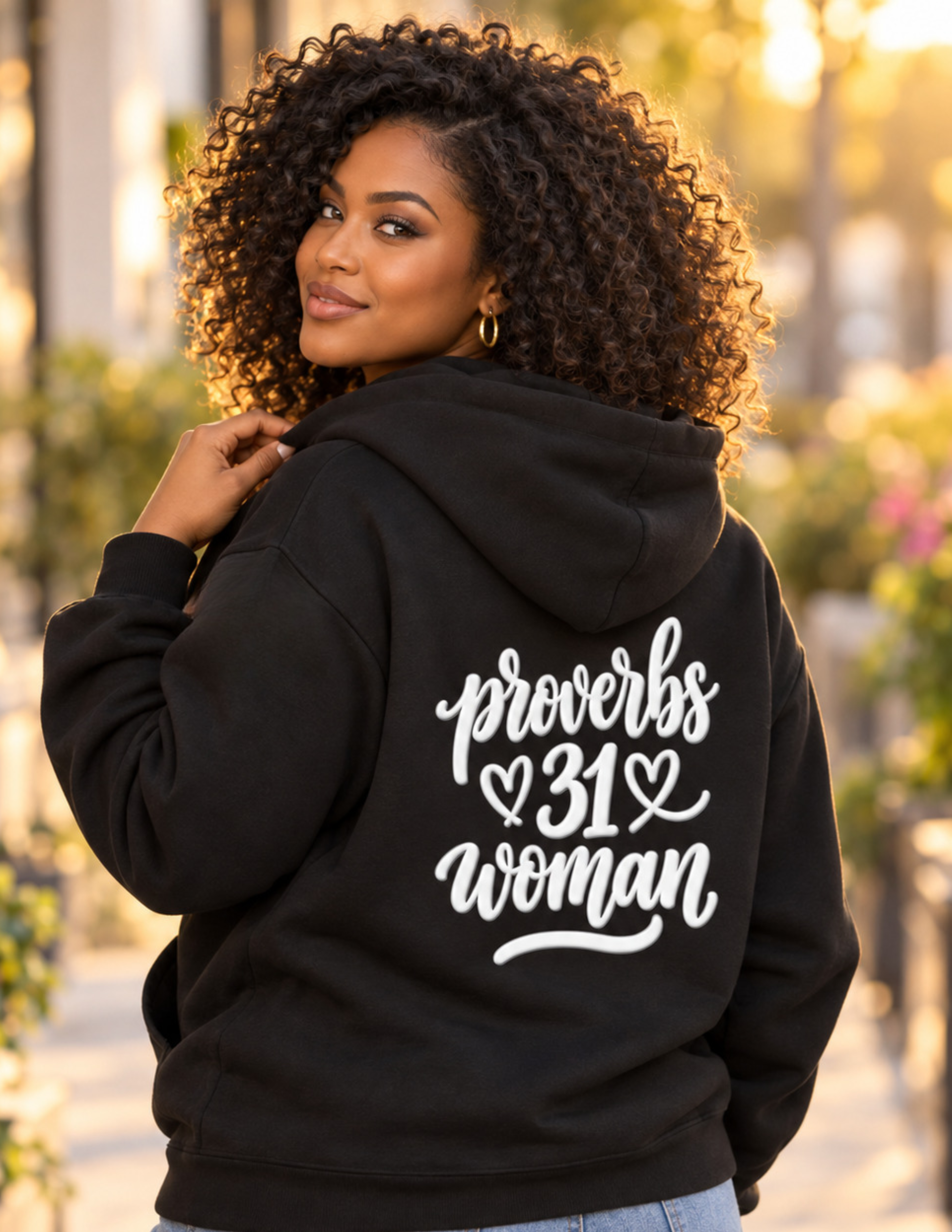 Black Proverbs 31 Woman White Fleece Hoodie | Faith Scripture Apparel
