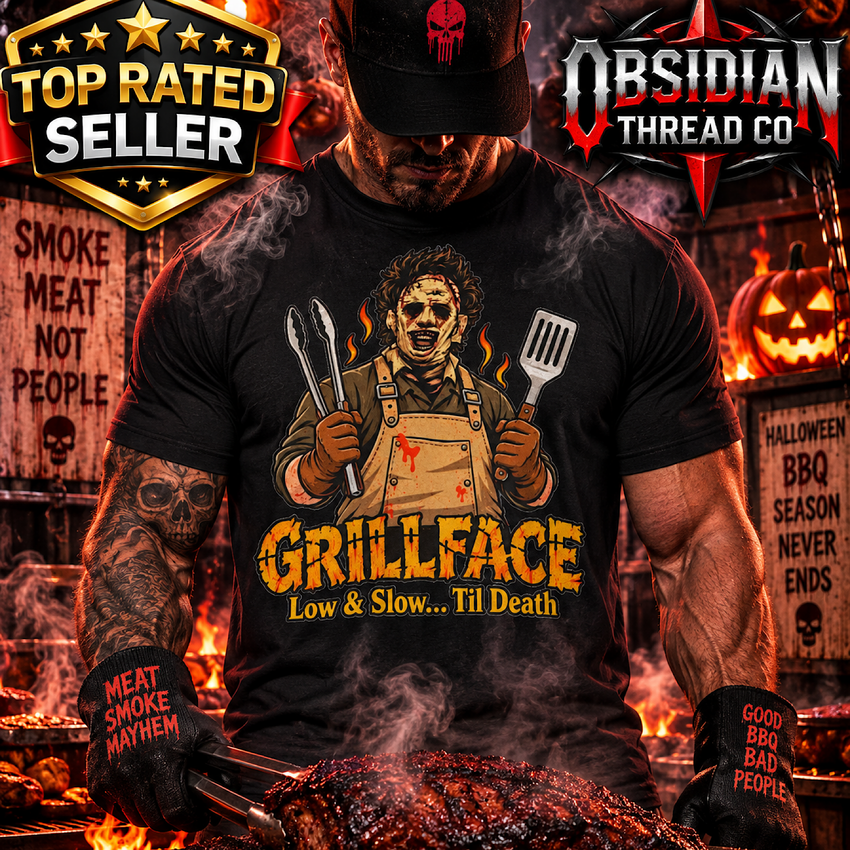 Grillface BBQ Shirt Halloween Leatherface Inspired Meat Smoker Pitmaster Horror  product preview