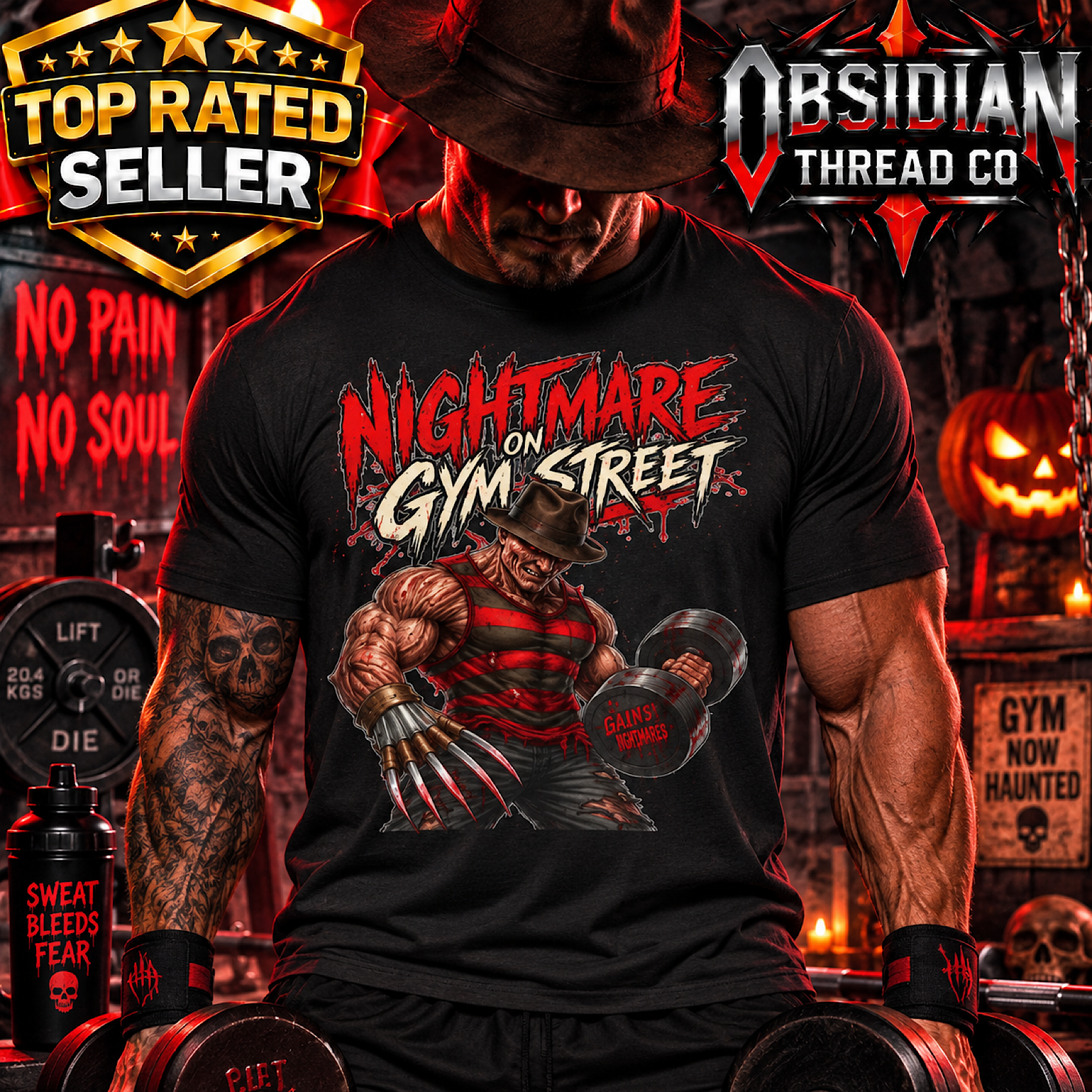 Freddy Nightmare On Gym Street Shirt Horror Workout Gym Halloween Gildan Tee color preview 3
