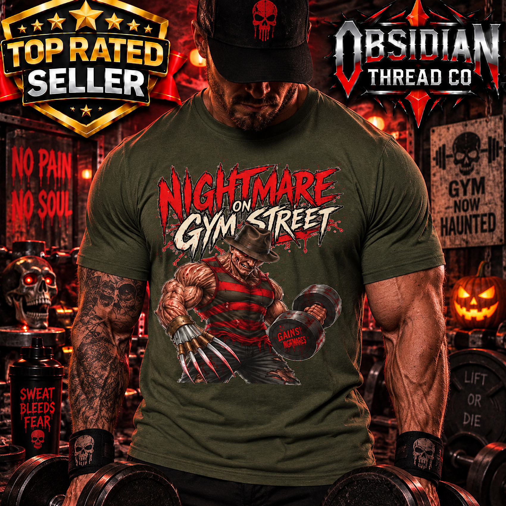 Freddy Nightmare On Gym Street Shirt Horror Workout Gym Halloween Gildan Tee color preview 4