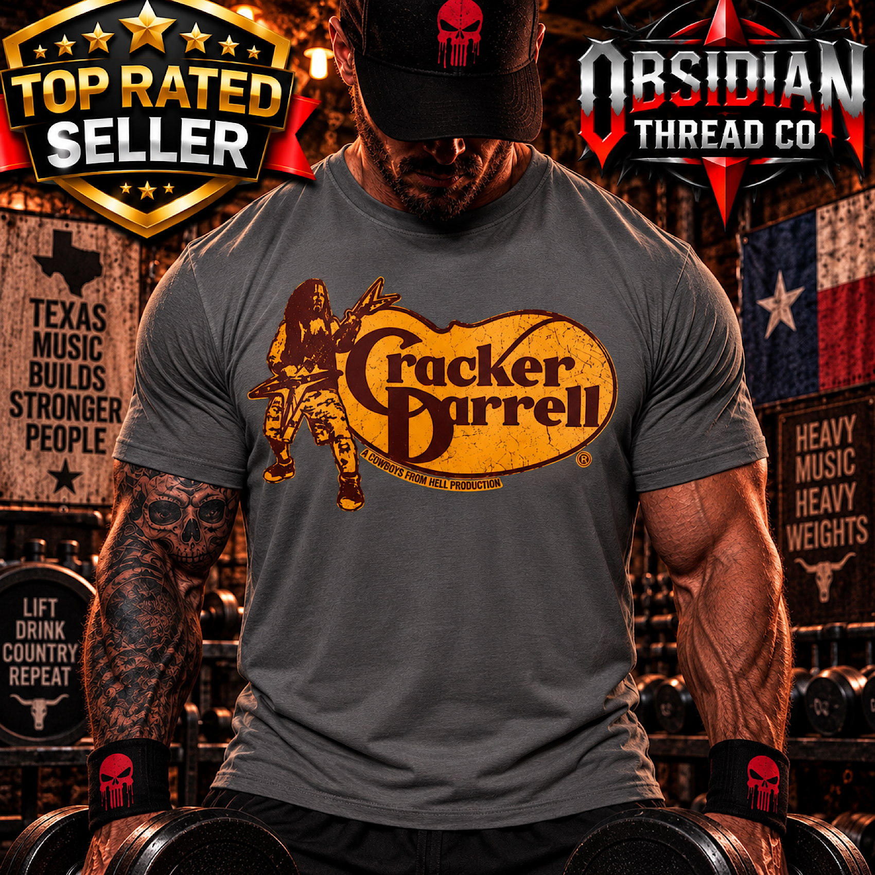 Cracker Darrell Cowboys From Hell Texas Metal Guitar Graphic Gildan T-Shirt Tee color preview 2