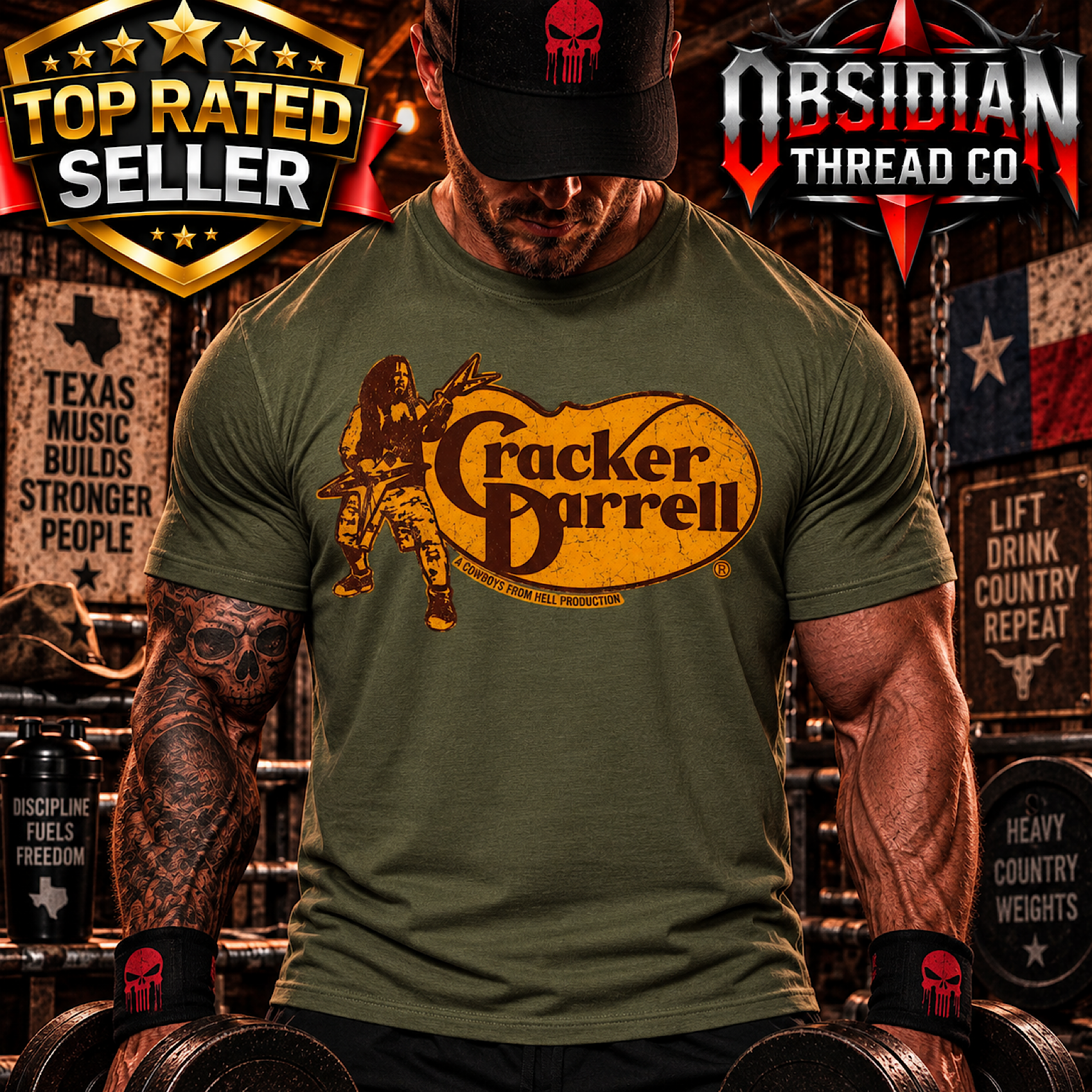Cracker Darrell Cowboys From Hell Texas Metal Guitar Graphic Gildan T-Shirt Tee color preview 4
