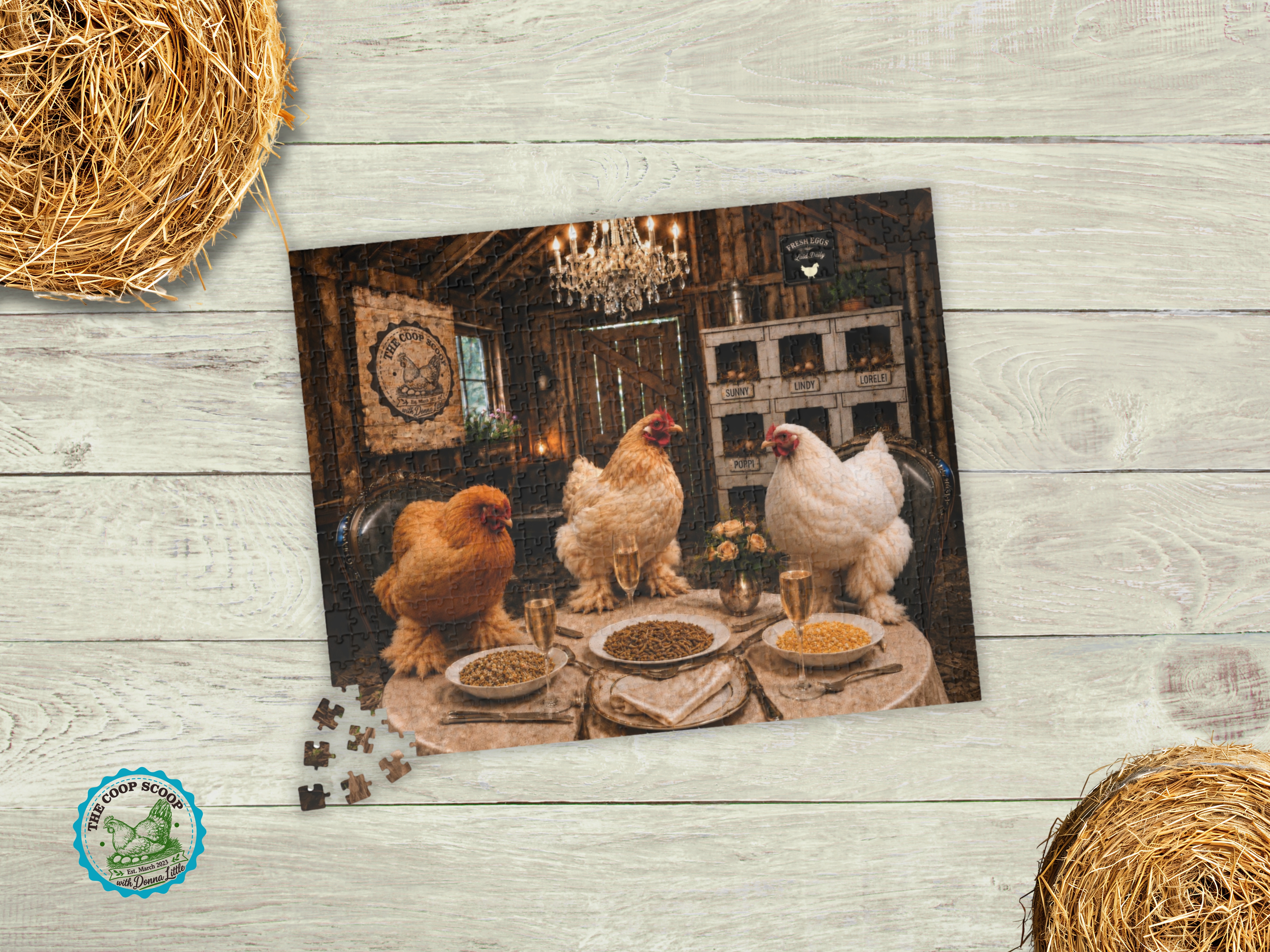 Chicken Dinner Party Puzzle, Funny Chicken Jigsaw Puzzle, Chicken Lover Gift, Farmhouse Puzzle – 520 pcs (Horizontal)