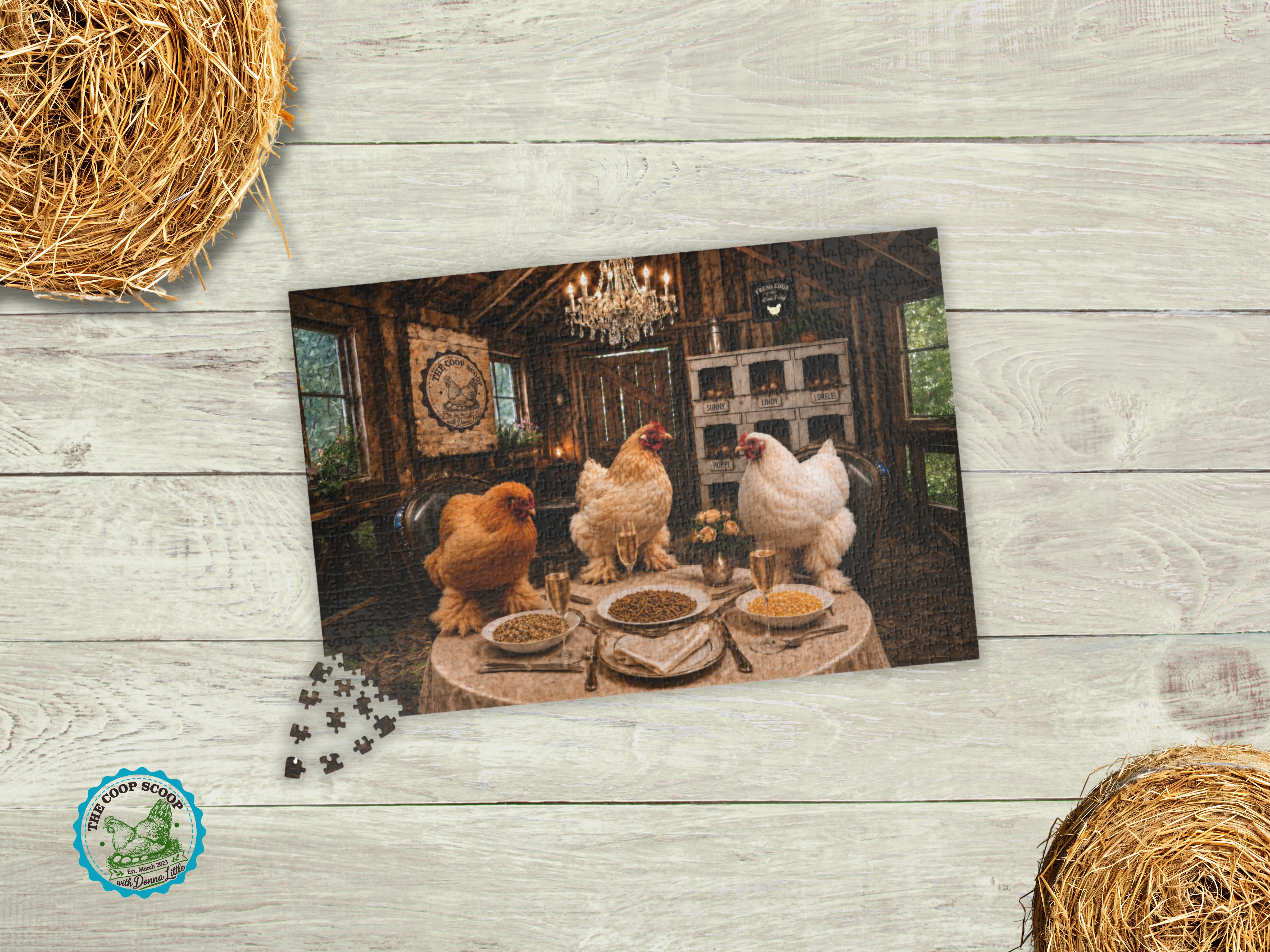 Chicken Dinner Party Puzzle, Funny Chicken Jigsaw Puzzle, Chicken Lover Gift, Farmhouse Puzzle – 520 pcs (Horizontal)