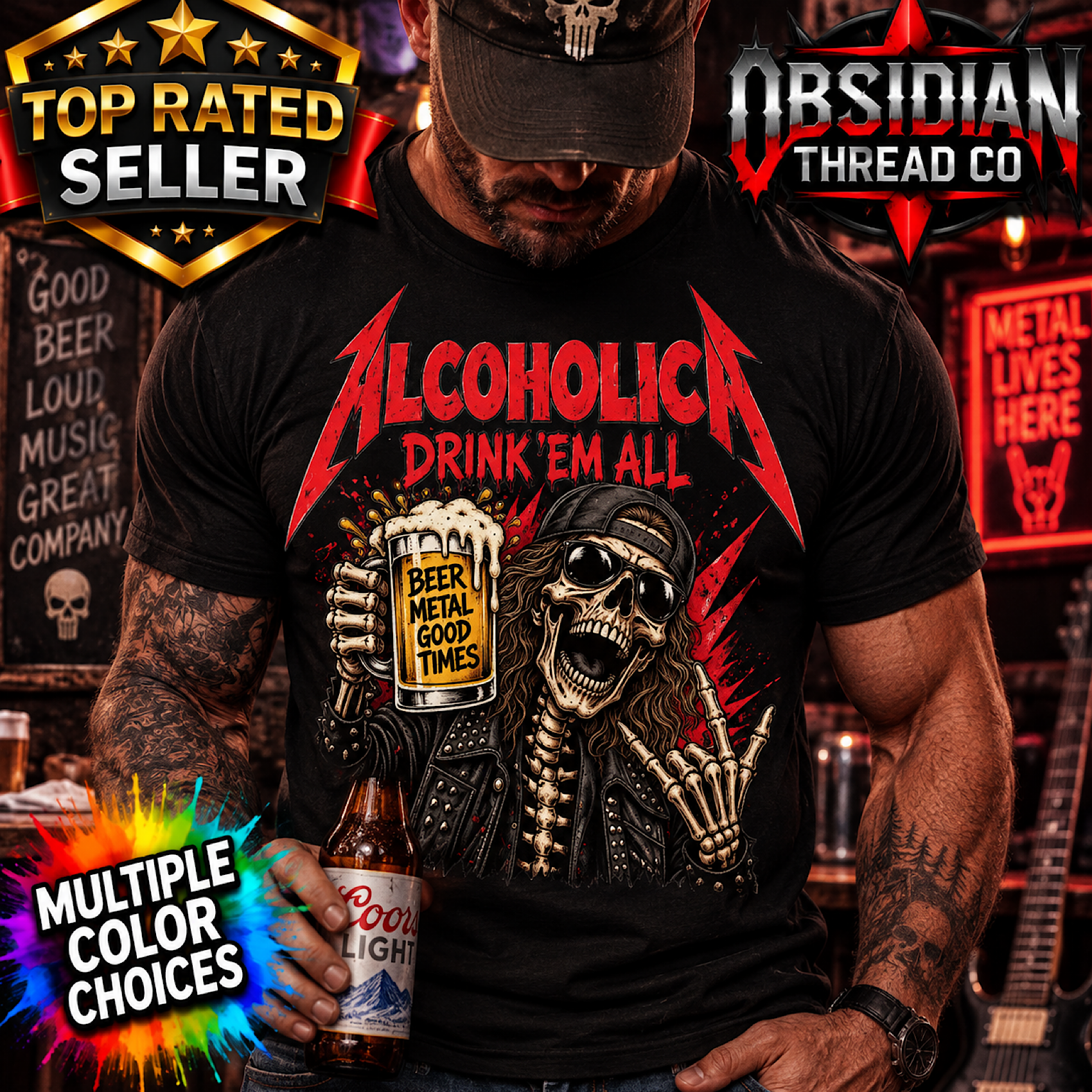 Alcoholica Beer Metal T-Shirt Funny Drinking Rock Heavy Metal Skeleton Gildan T color preview 2