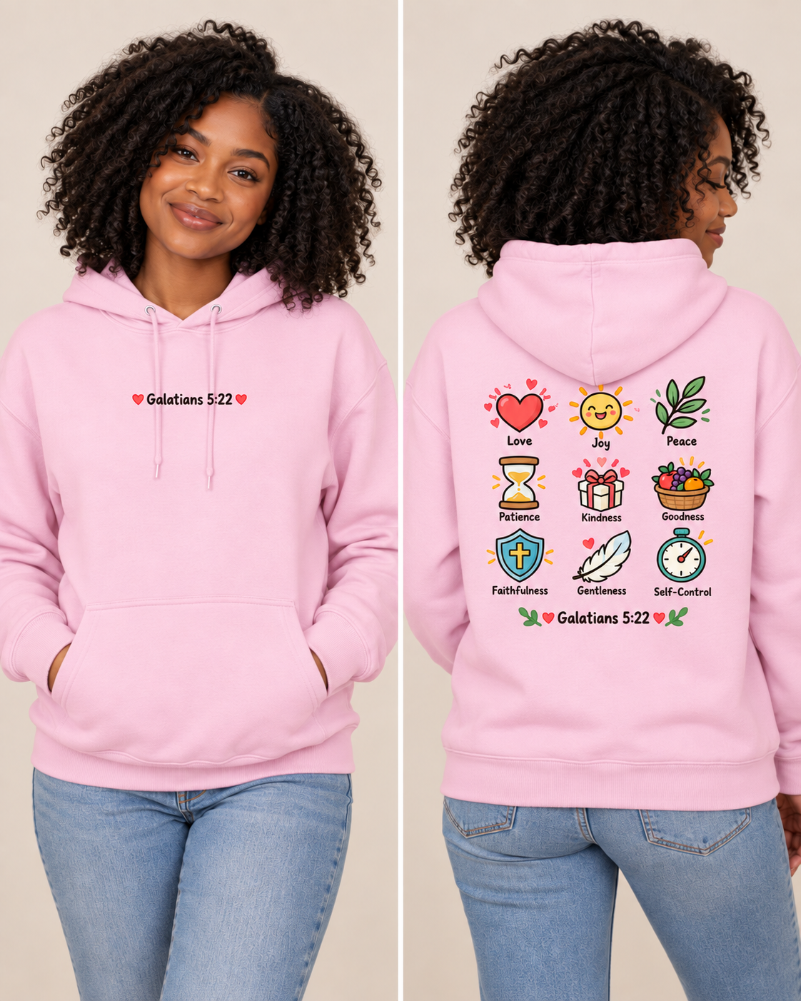 Light Pink Fruit of the Spirit icons Hoodie | Love Joy Peace Patience Kindness Galatians 5:22