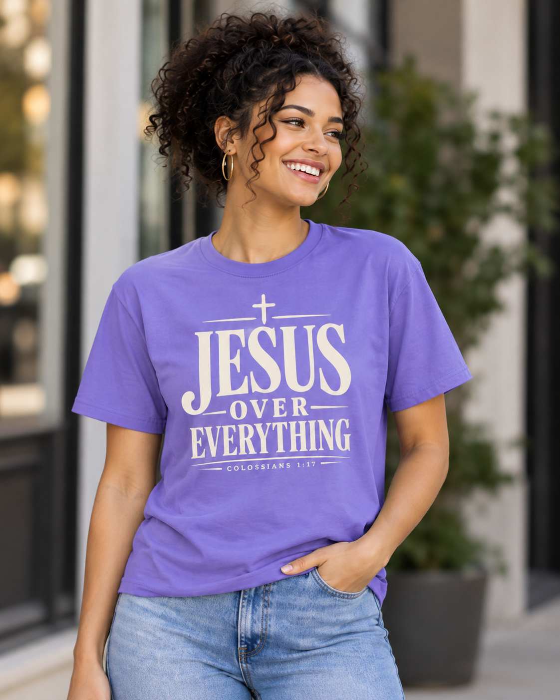 Violet Jesus Over Everything T-shirt | Christian Faith Tee