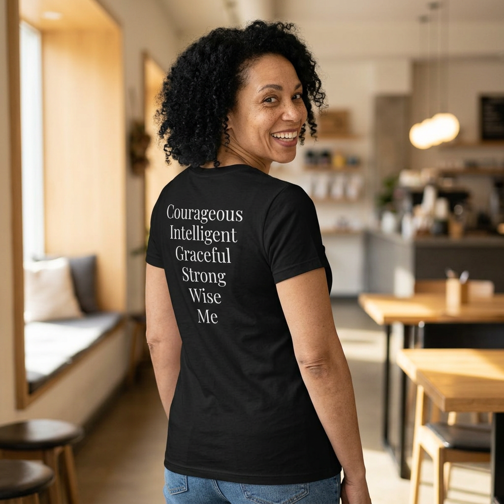 Crowned in Virtue Women’s Tee — “Courageous Intelligent Graceful Strong Wise Me” Inspirational Shirt