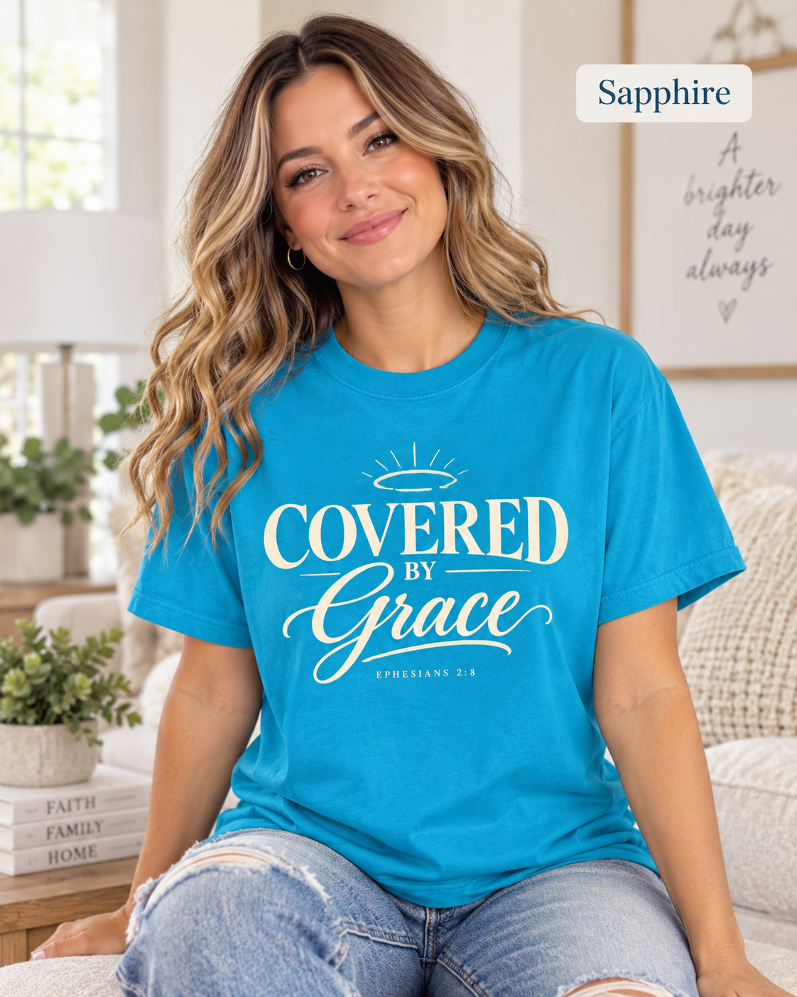 Sapphire Covered by Grace T-shirt | Christian Faith Typography, Halo Graphic