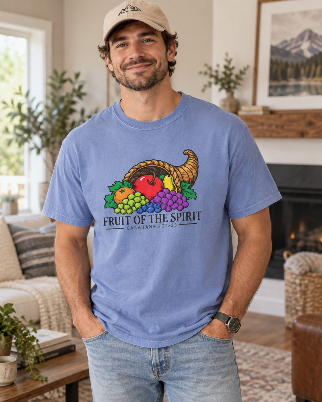 Washed Denim Fruit of the Spirit T-shirt | Cornucopia Christian Scripture Galatians 5:22-23