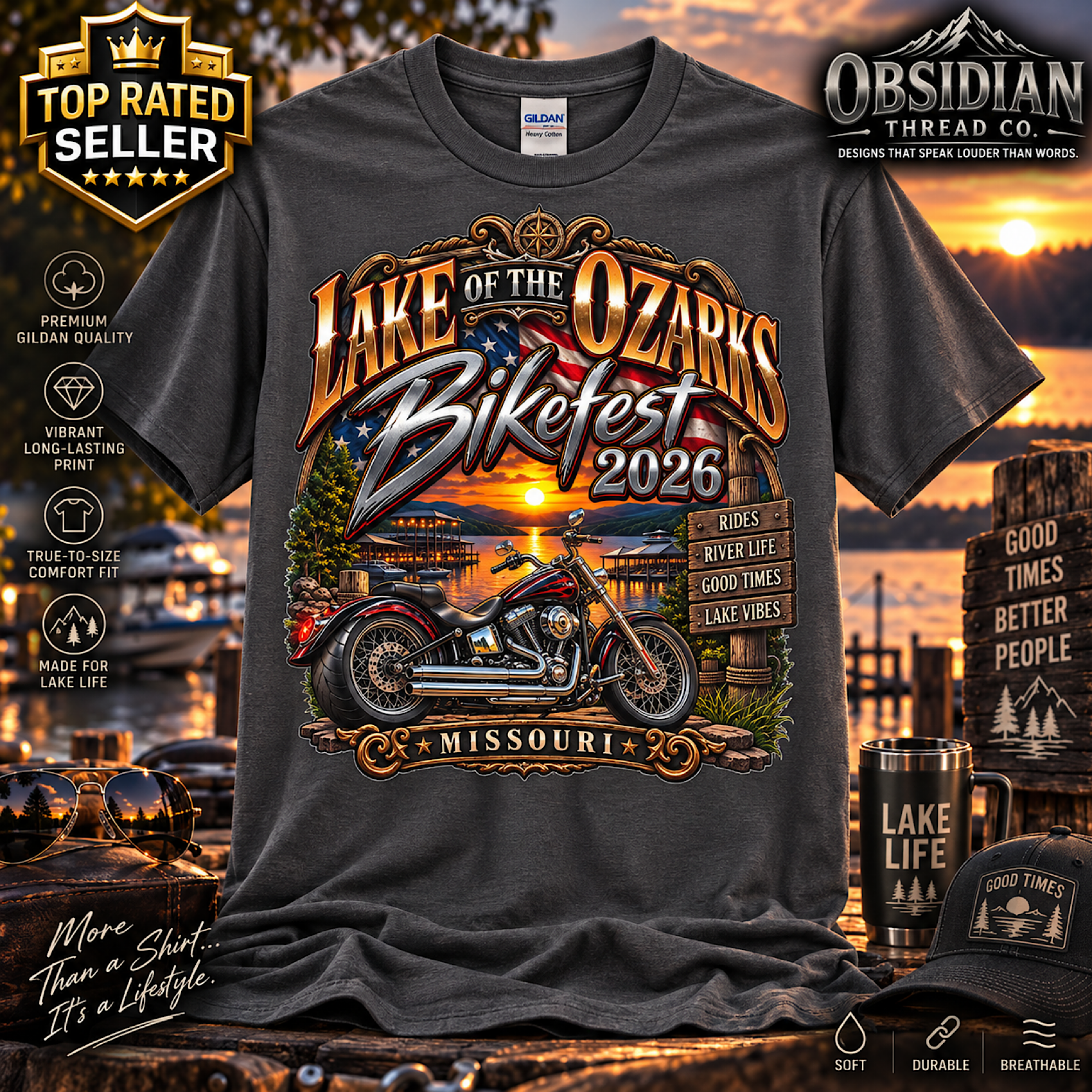 LAKE OF THE OZARKS BIKEFEST 2026 MISSOURI MOTORCYCLE BIKER T-SHIRT NO HARLEY color preview 2