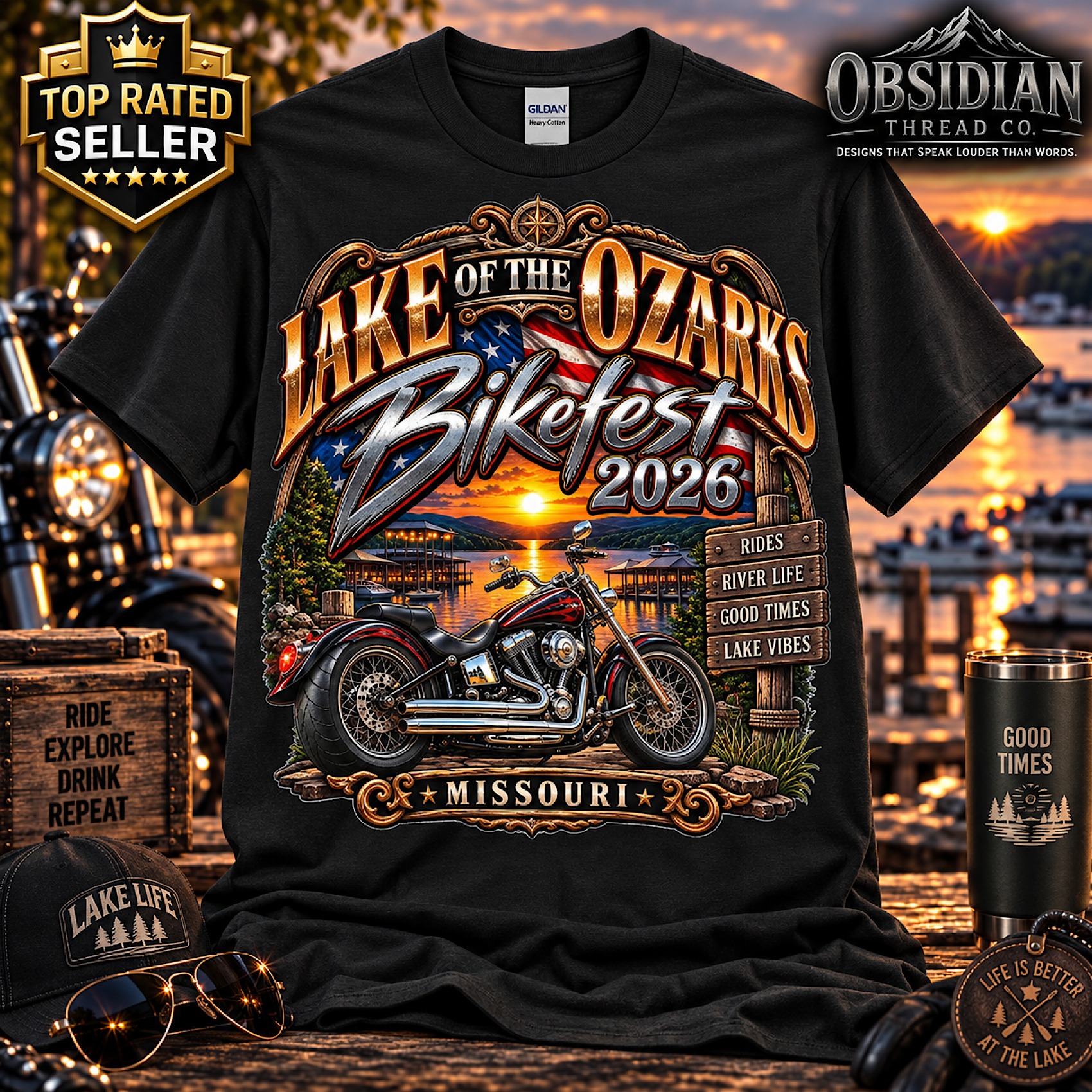 LAKE OF THE OZARKS BIKEFEST 2026 MISSOURI MOTORCYCLE BIKER T-SHIRT NO HARLEY color preview 3