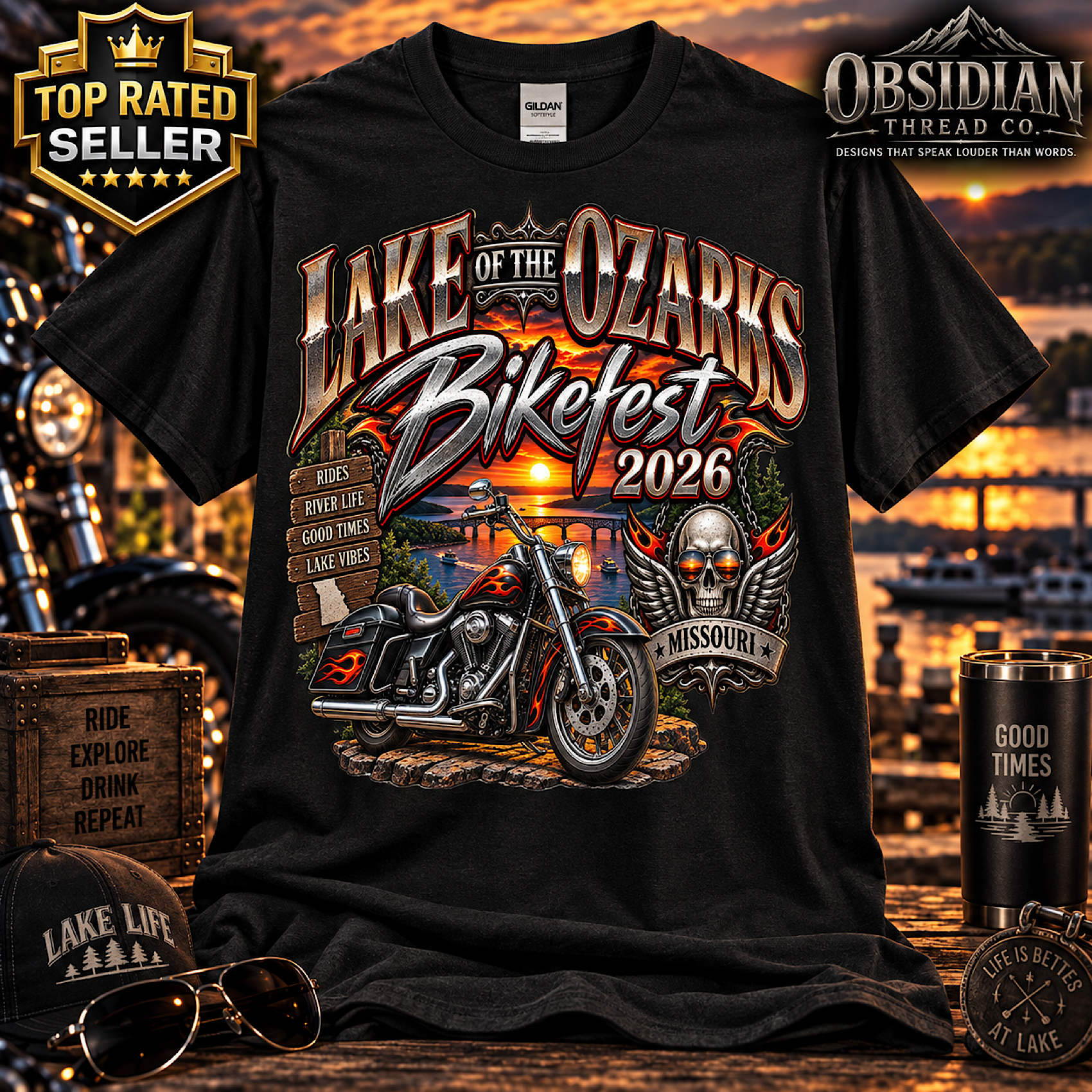 LAKE OF THE OZARKS BIKEFEST 2026 MISSOURI MOTORCYCLE BIKER T-SHIRT NO HARLEY color preview 3