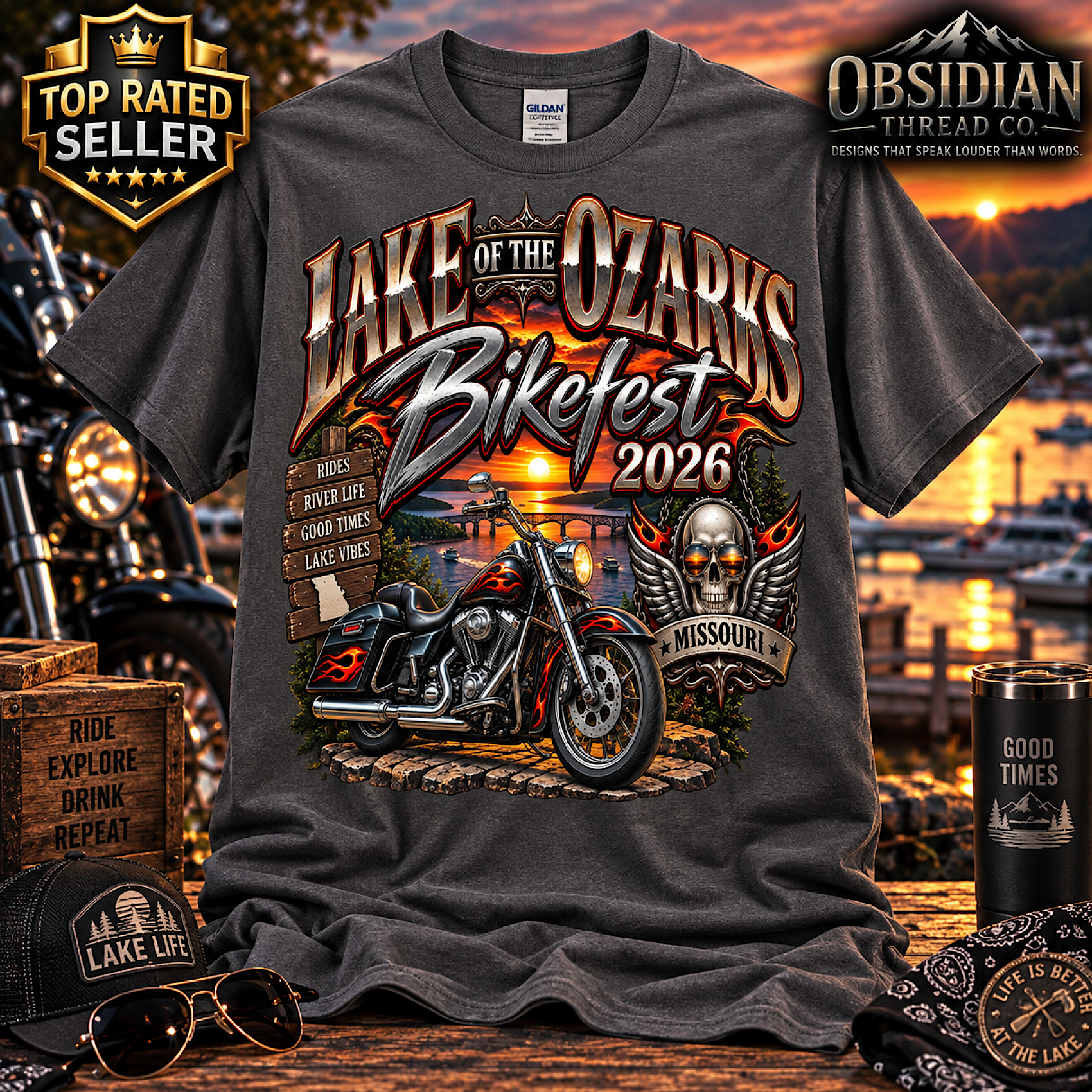 LAKE OF THE OZARKS BIKEFEST 2026 MISSOURI MOTORCYCLE BIKER T-SHIRT NO HARLEY color preview 2