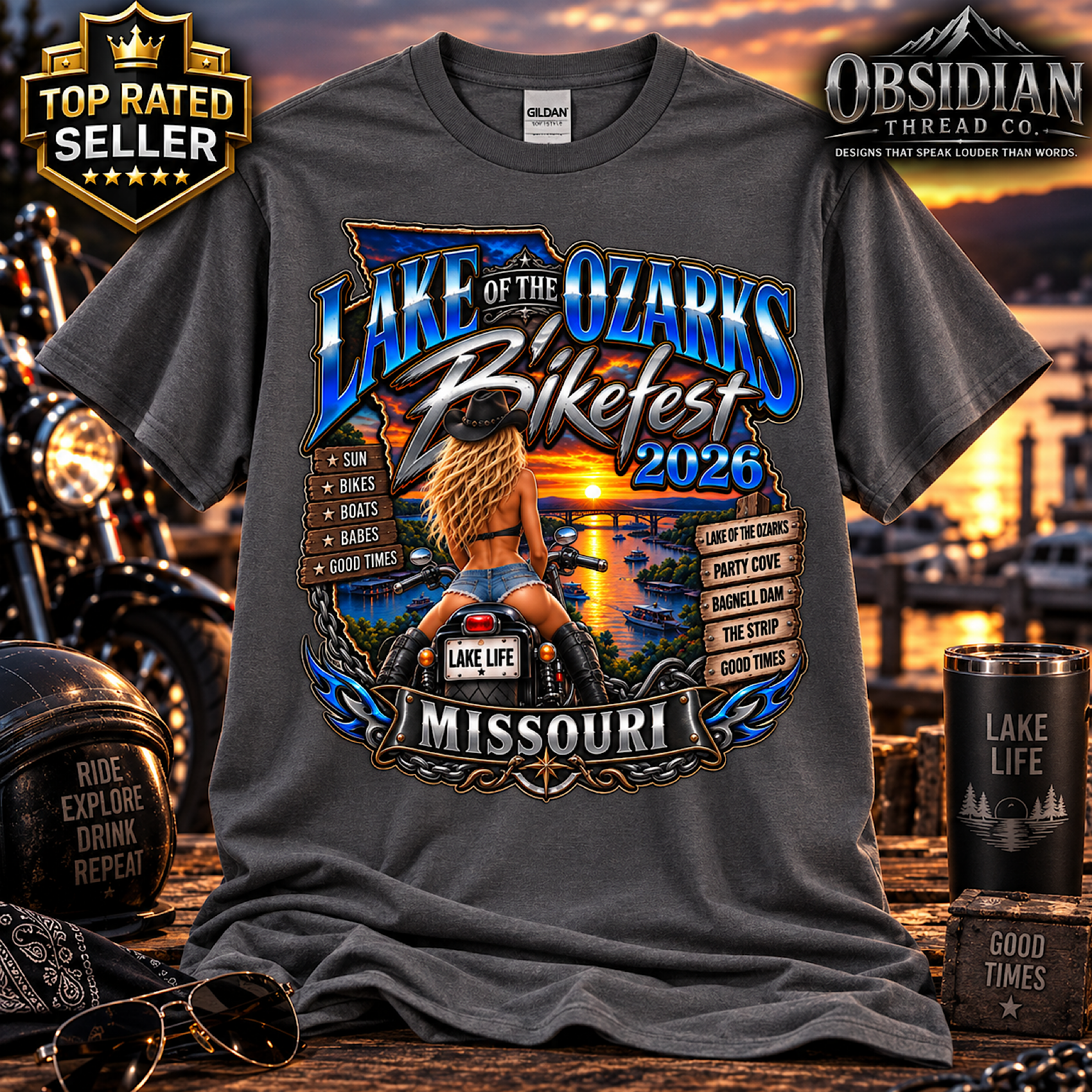 LAKE OF THE OZARKS BIKEFEST 2026 MISSOURI MOTORCYCLE BIKER T-SHIRT NO HARLEY color preview 2