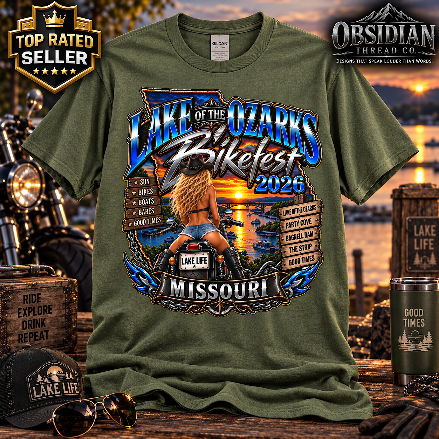 LAKE OF THE OZARKS BIKEFEST 2026 MISSOURI MOTORCYCLE BIKER T-SHIRT NO HARLEY color preview 4